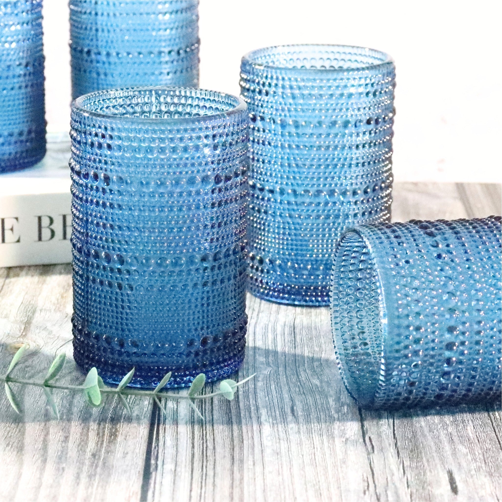 set of blue coloured hi-ball hobnail bead glass tumbers