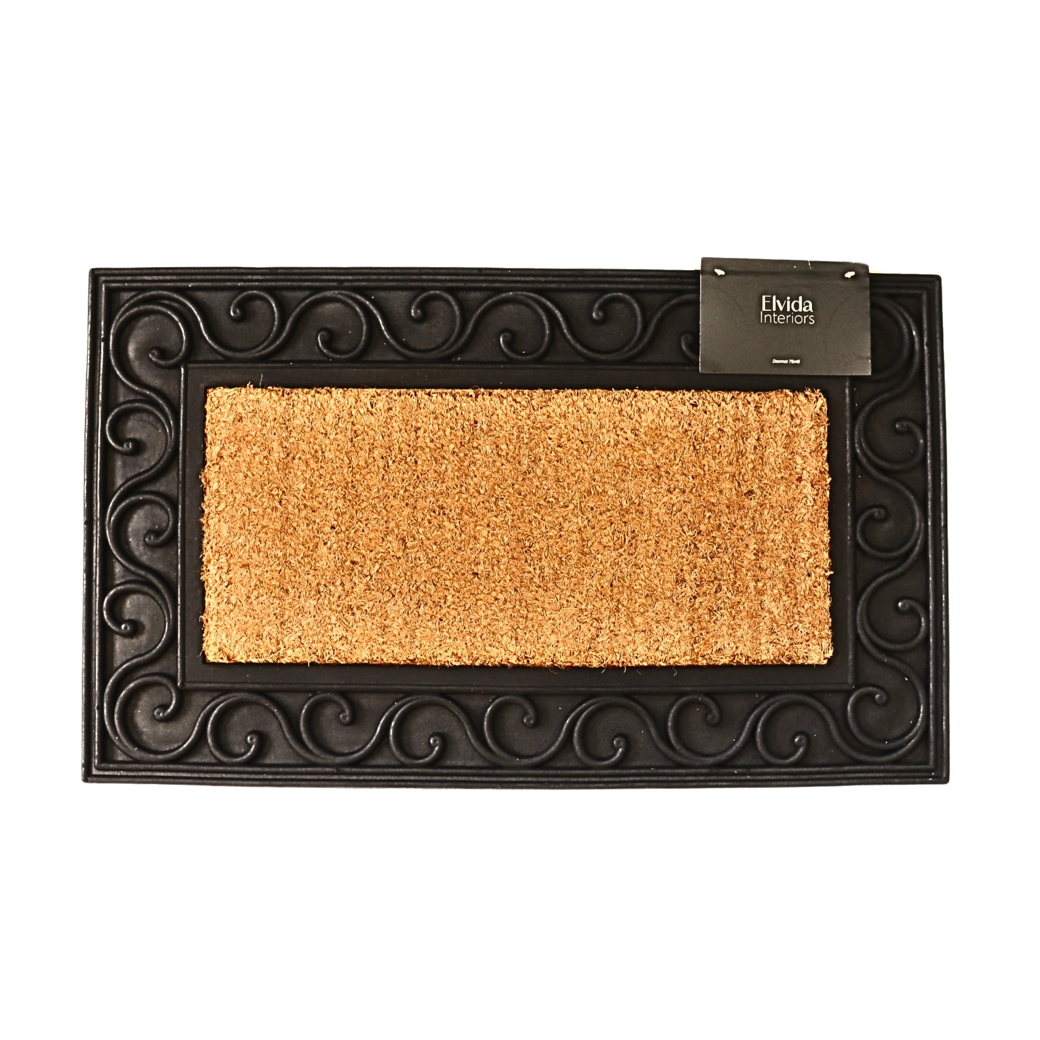 Coir doormat with black rubber decorative border on a white background