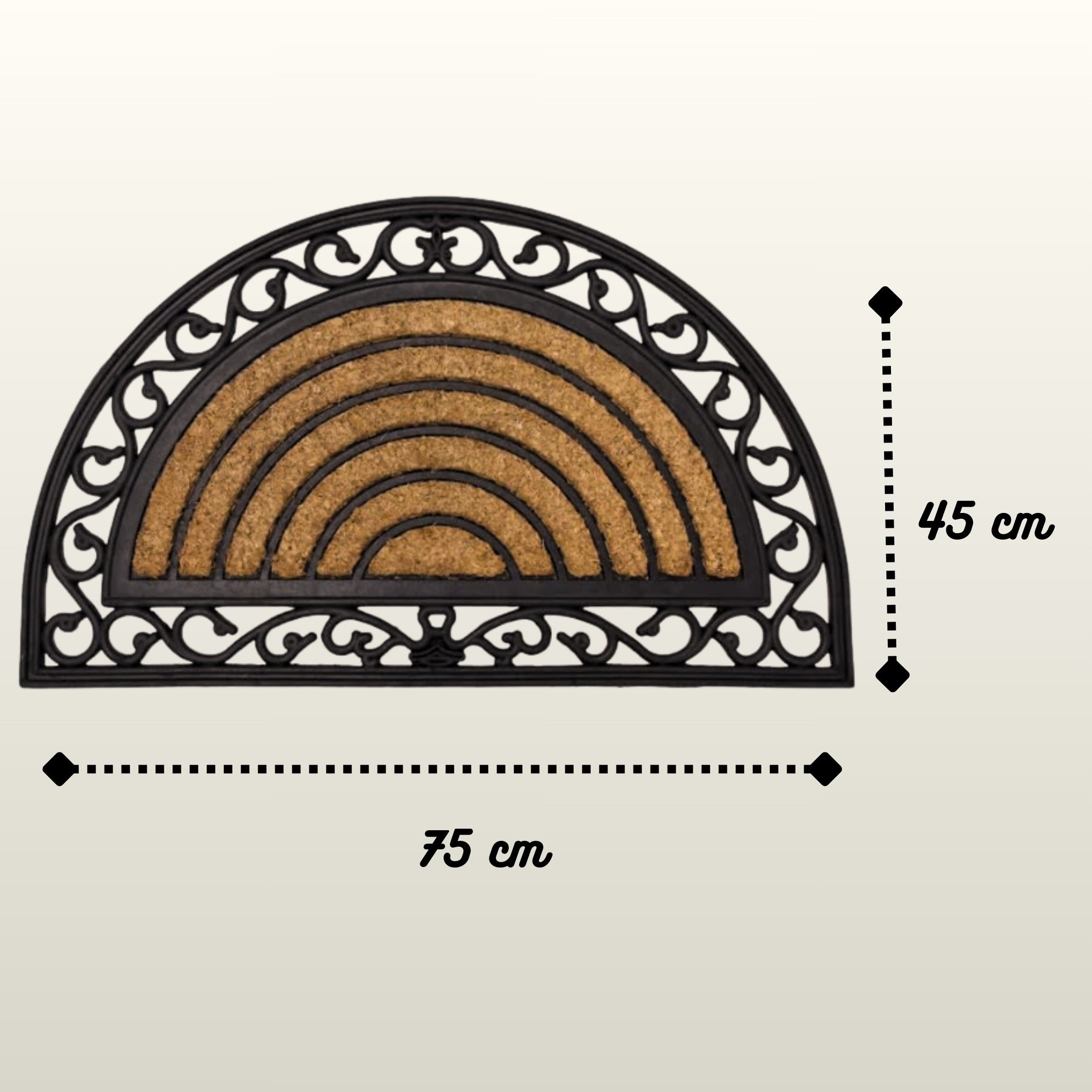 Decorative doormat with black metal border and measurements on a beige background