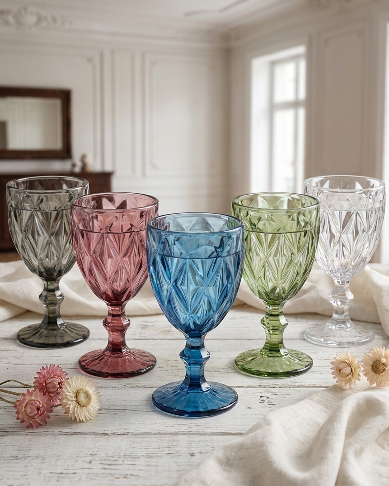 Set of colorful glass goblets on a wooden surface with eucalyptus leaves.