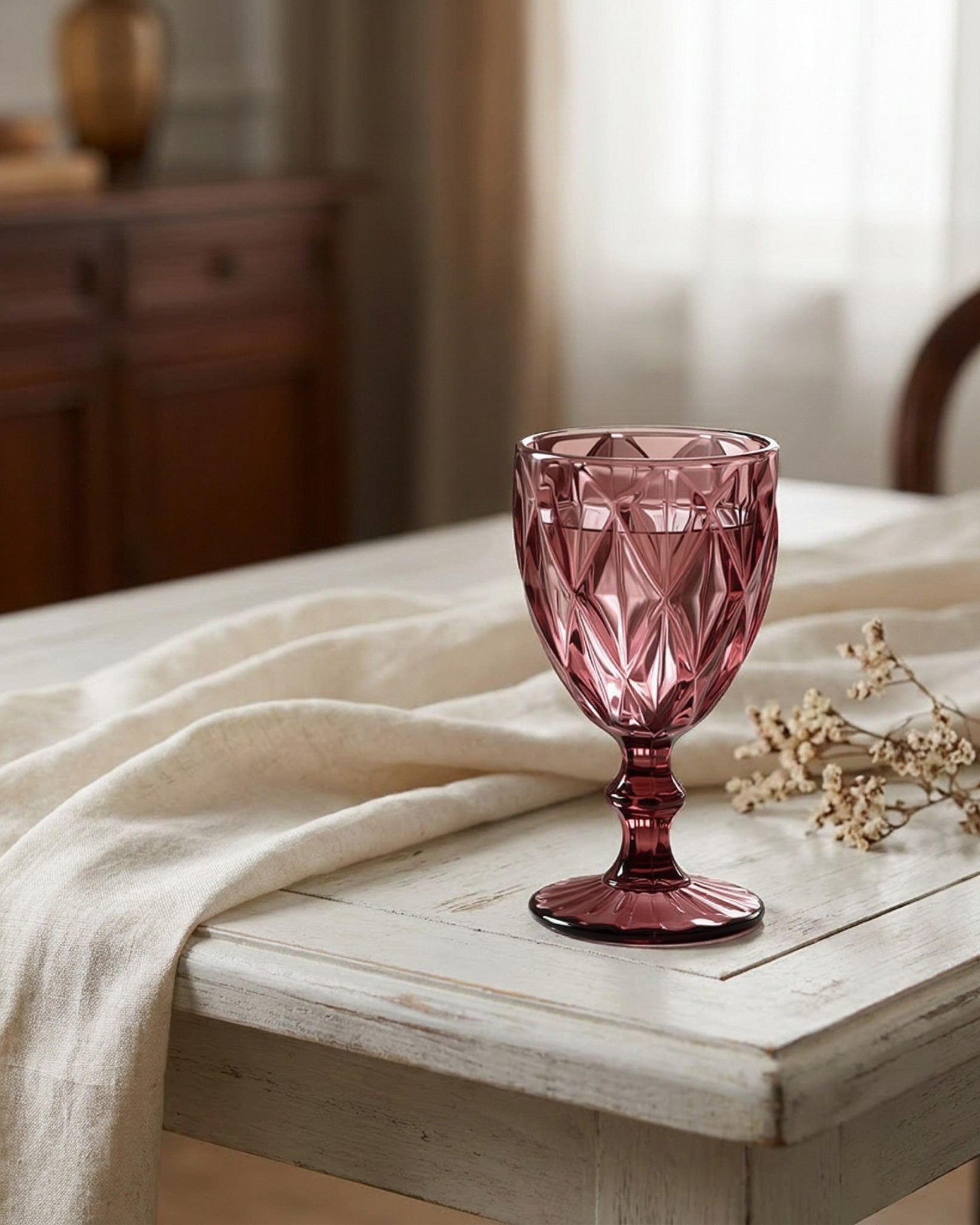 Set of purple glass goblets on a wooden table with a white curtain background