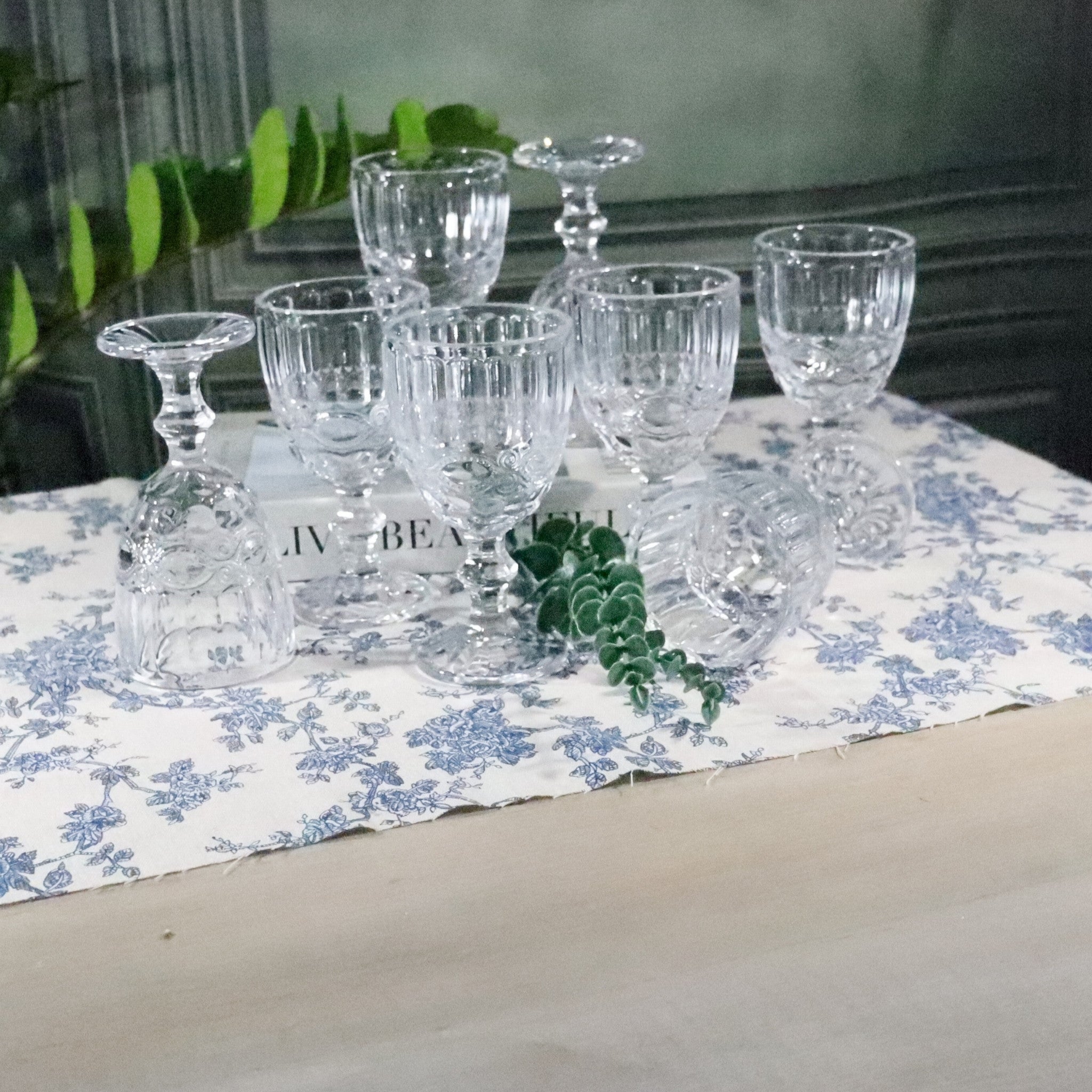 Set of clear glassware on a floral tablecloth with a plant in the background