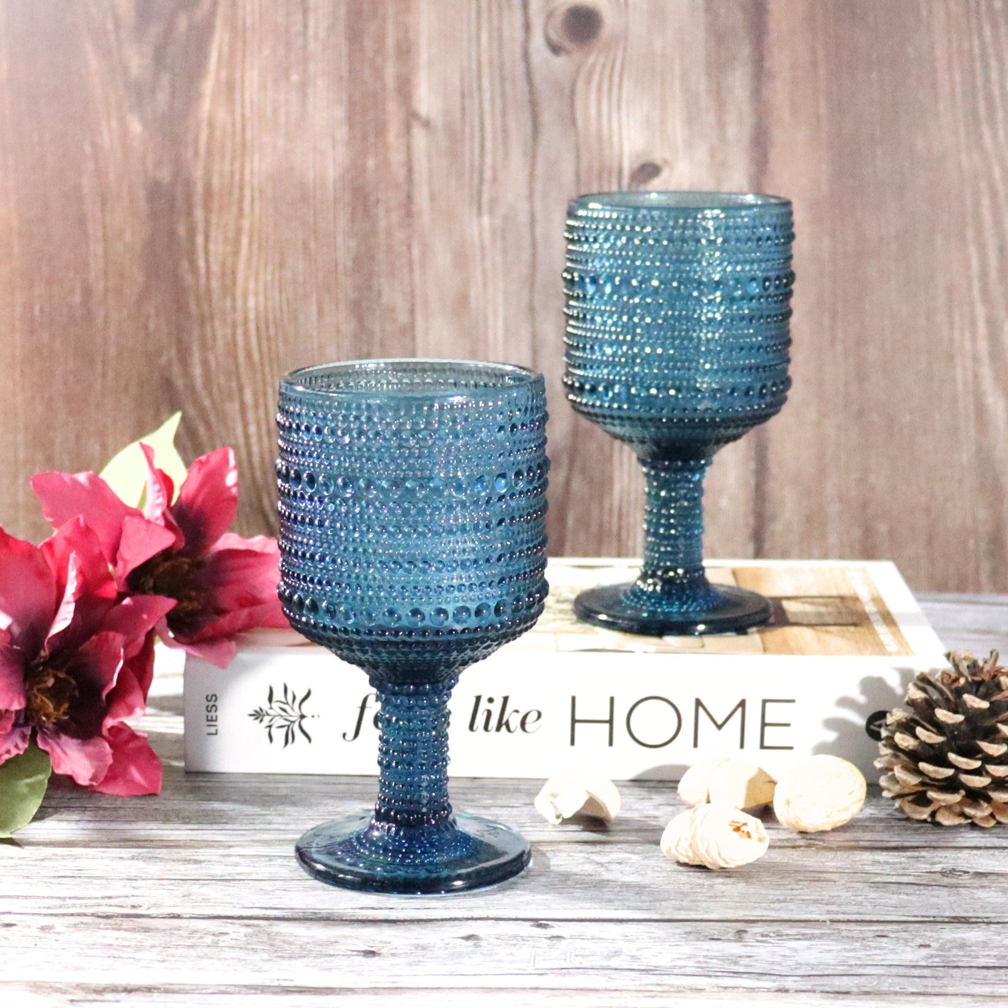 Blue Hobnail Bead Glass Wine Goblets