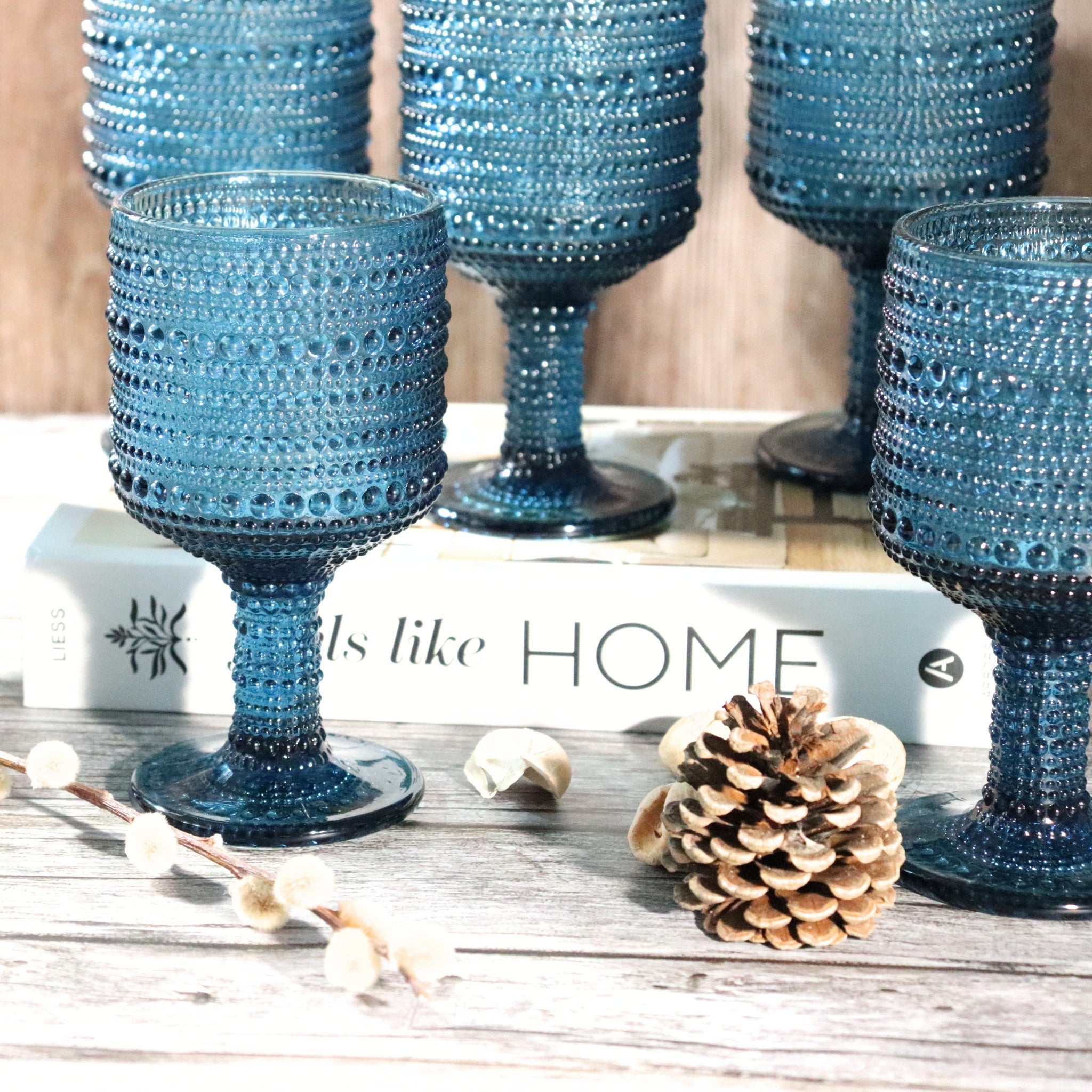 Blue Hobnail Bead Glass Wine Goblet