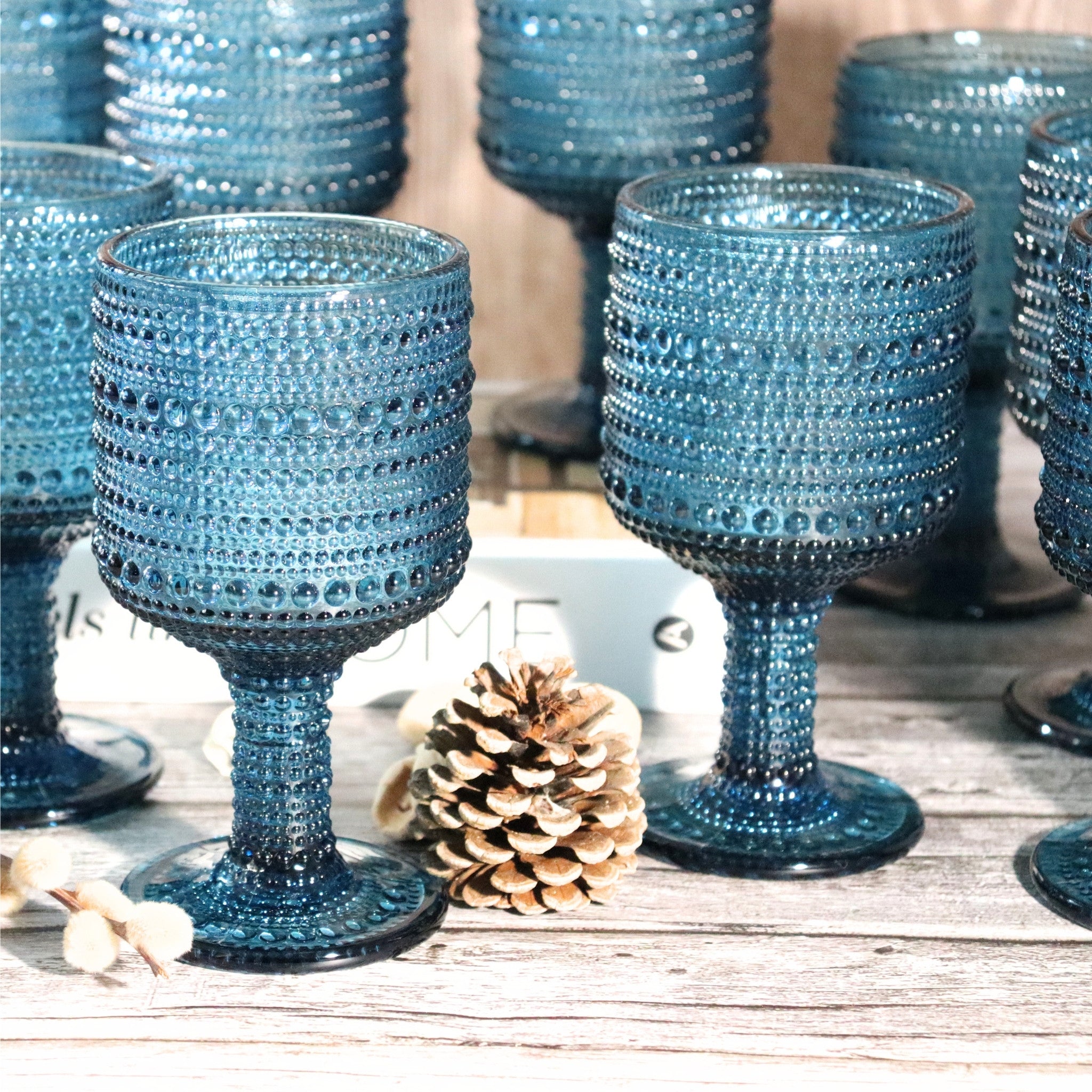 Blue Hobnail Bead Glass Wine Goblets