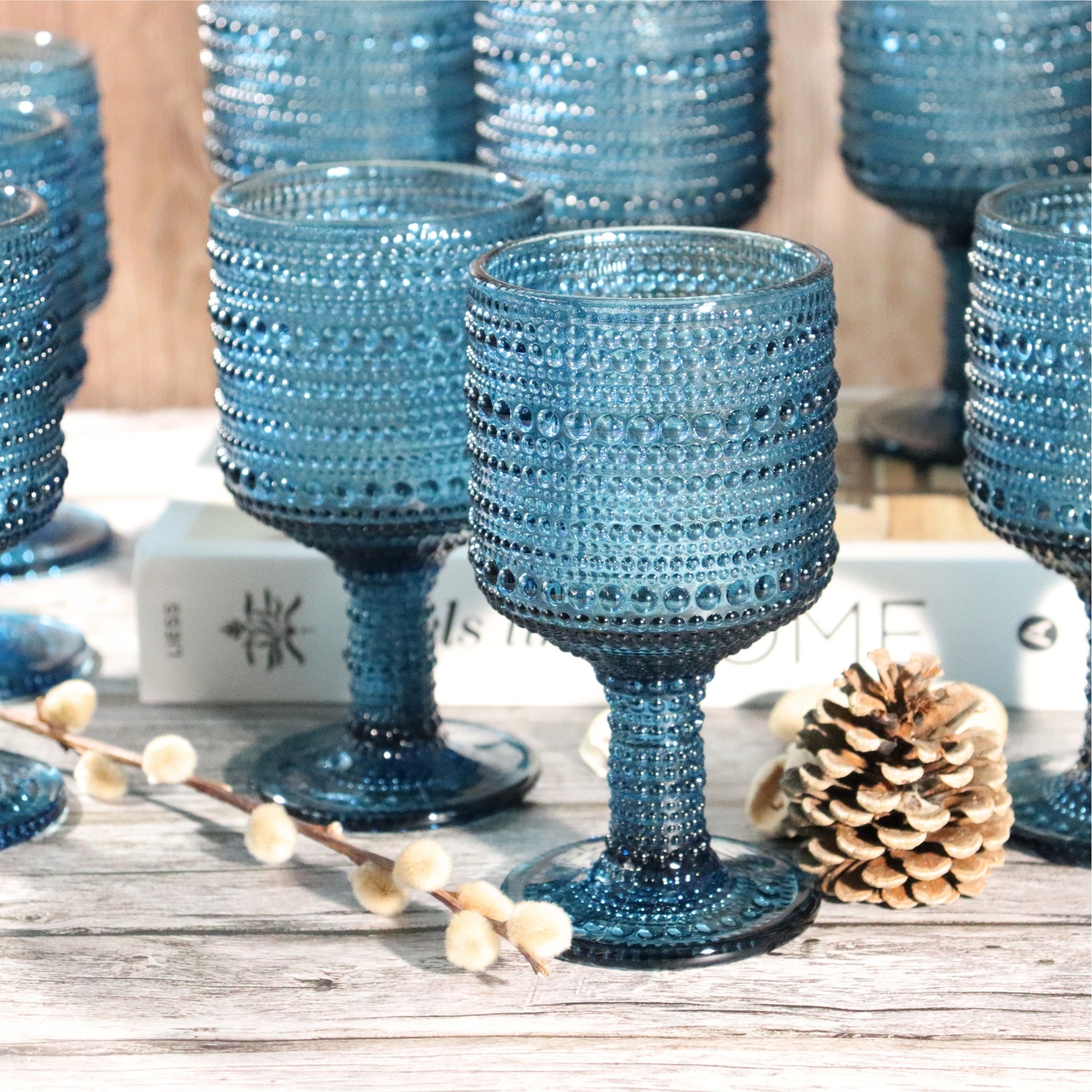 Blue Hobnail Bead Glass Wine Goblet