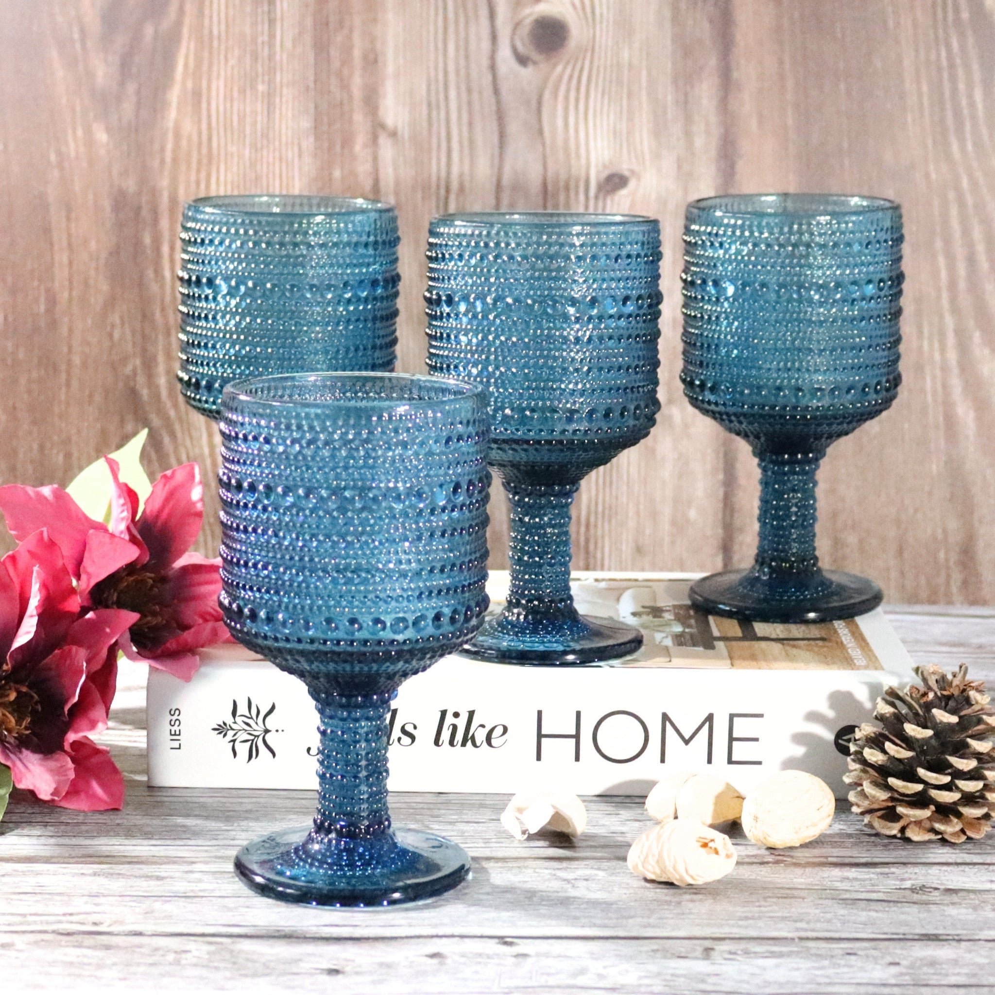 Blue Hobnail Bead Glass Wine Goblets