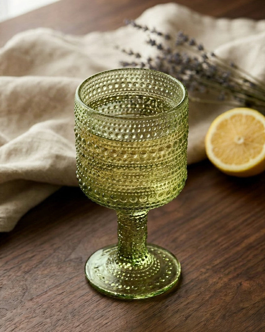 Two green textured glasses on a wooden block with 'Live Beautiful' text, surrounded by flowers and pinecones.