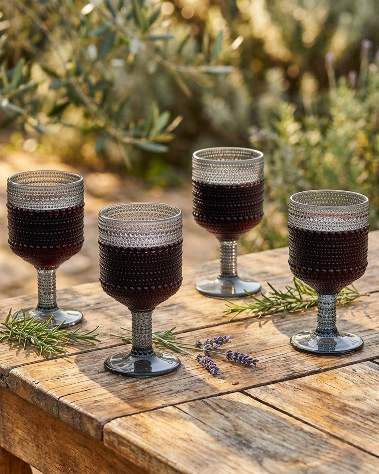 Set of four textured grey glass goblets on a wooden surface with decorative elements.