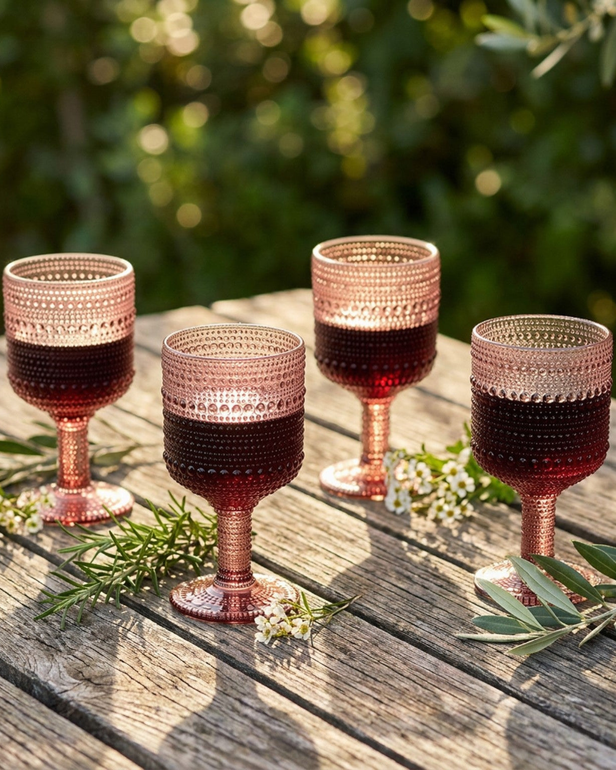 Set of six purple textured glasses on a floral tablecloth with greenery in the background