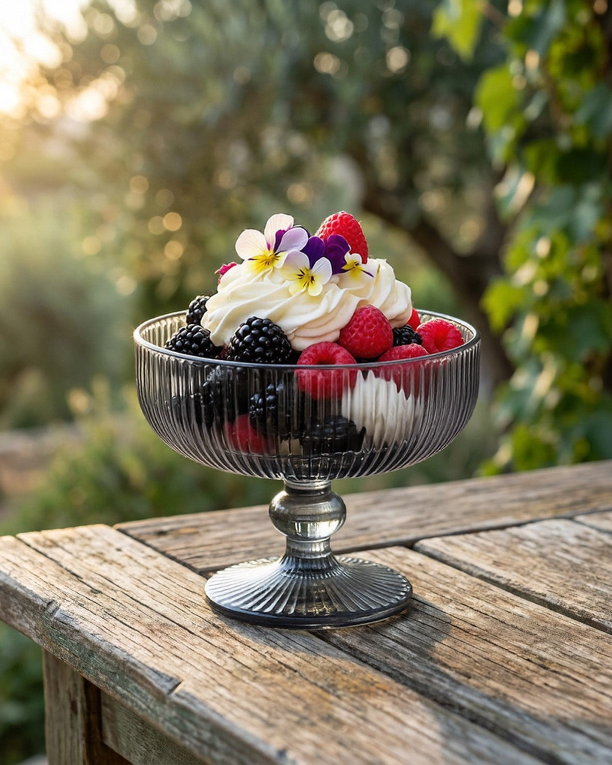 smoked grey glass dessert bowl with fruit and ice cream inside on a wooden surface