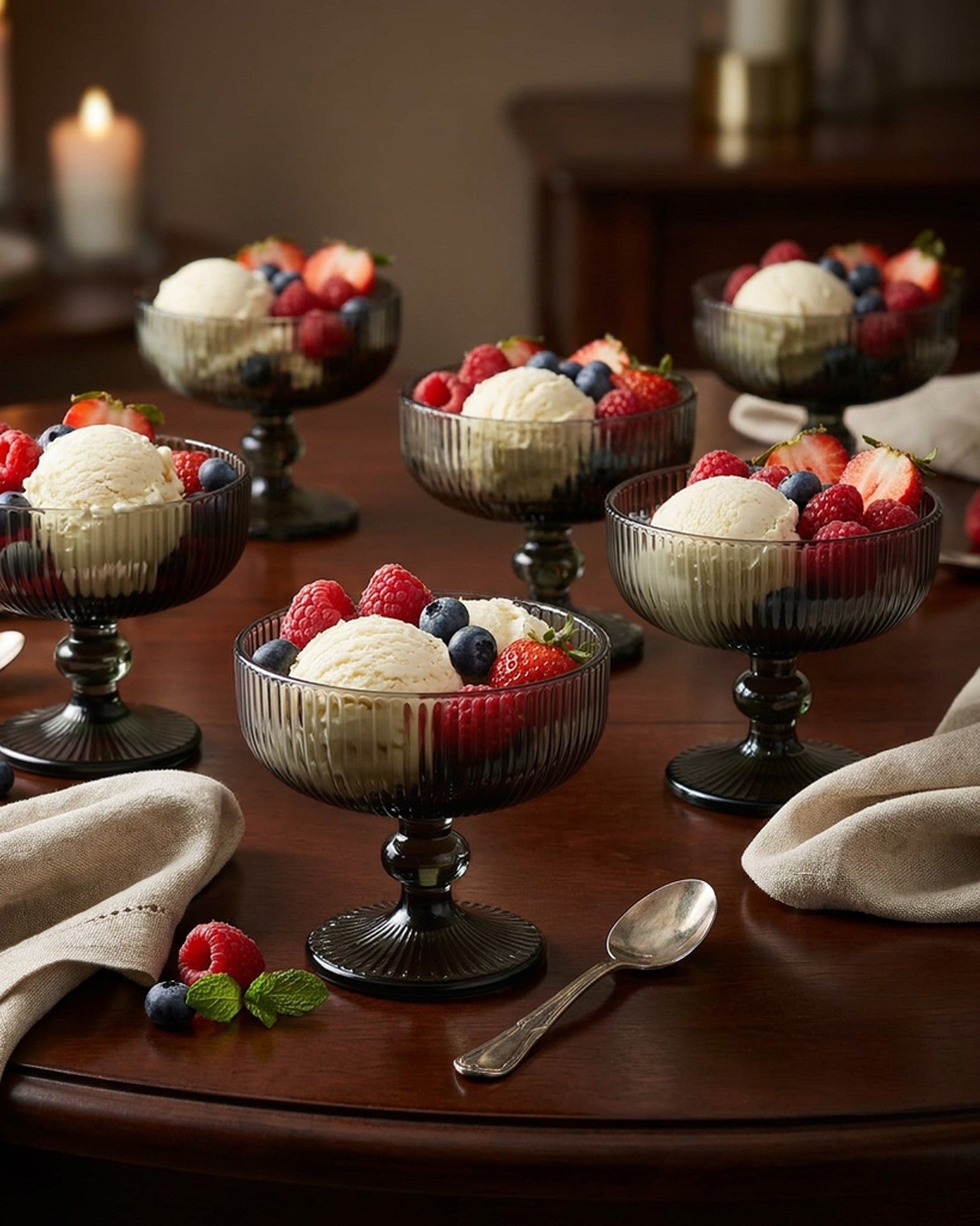 Set of six ribbed glass dessert bowls on a wooden surface with a white background
