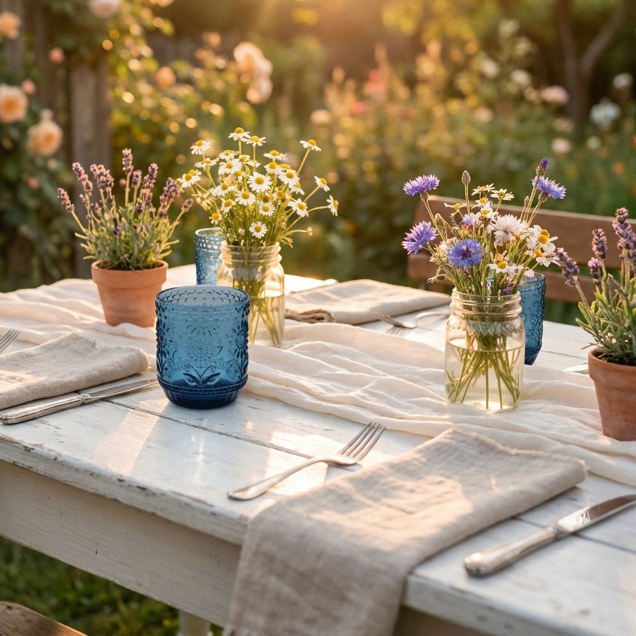 Outdoor table setting with flowers, glasses, and cutlery in a garden.