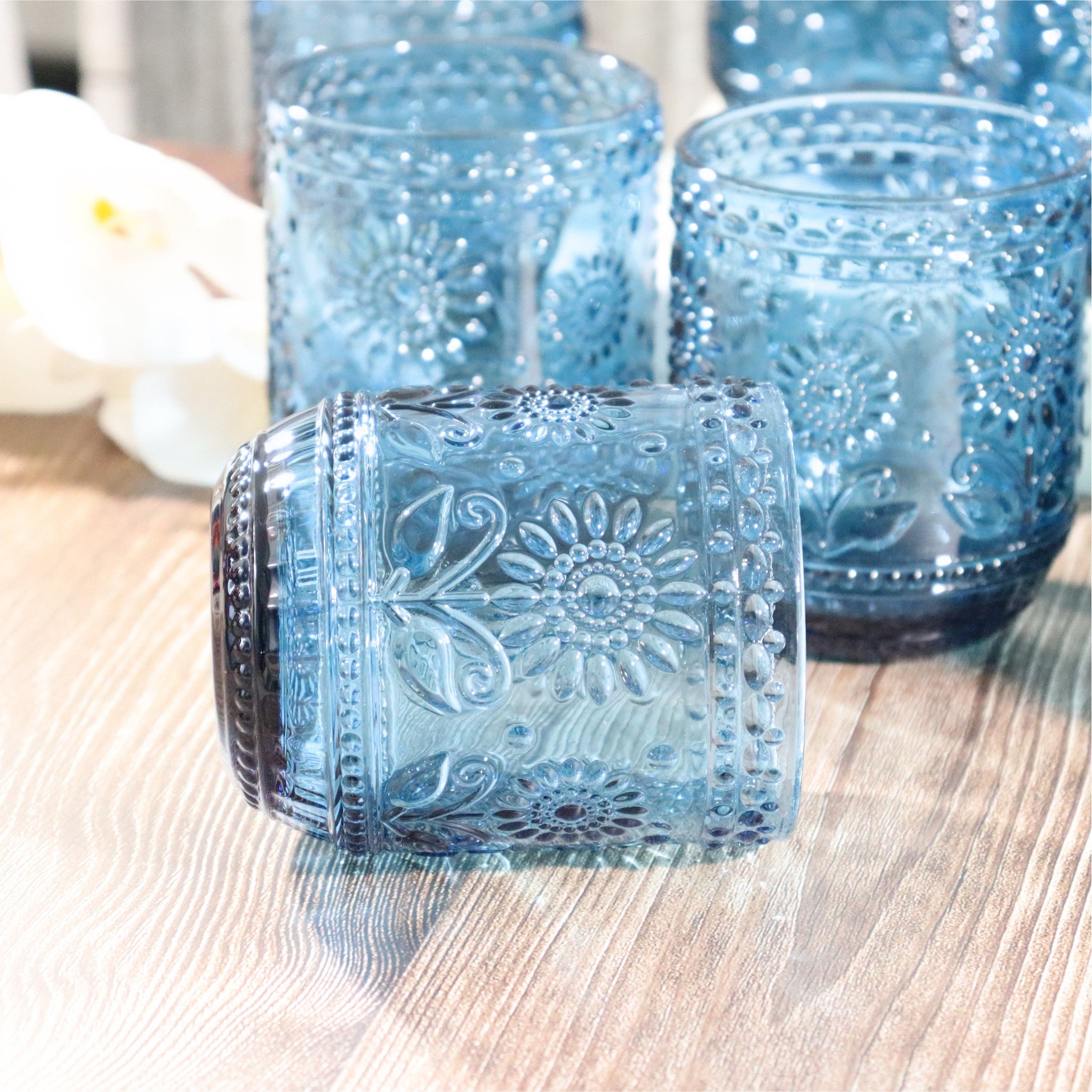 Blue Floral Embossed Glass Tumbler