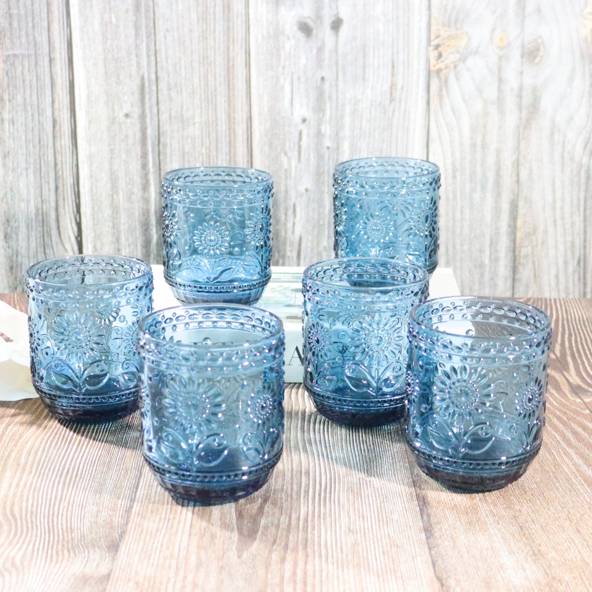 Blue Floral Embossed Glass Tumbler