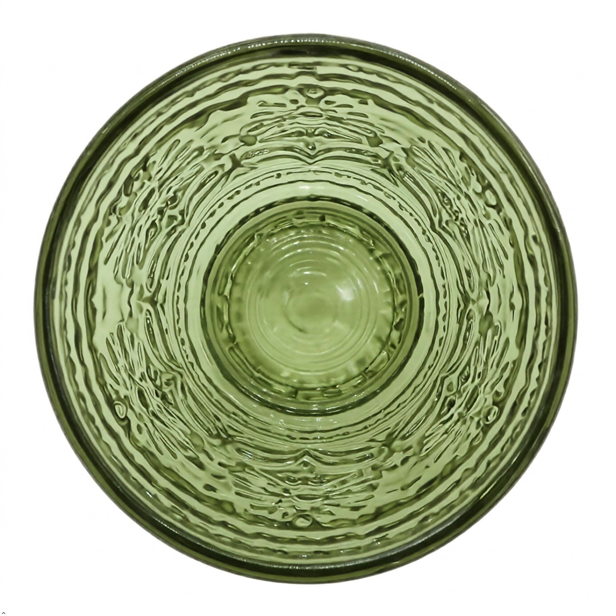 Green glass bowl with textured surface on a white background