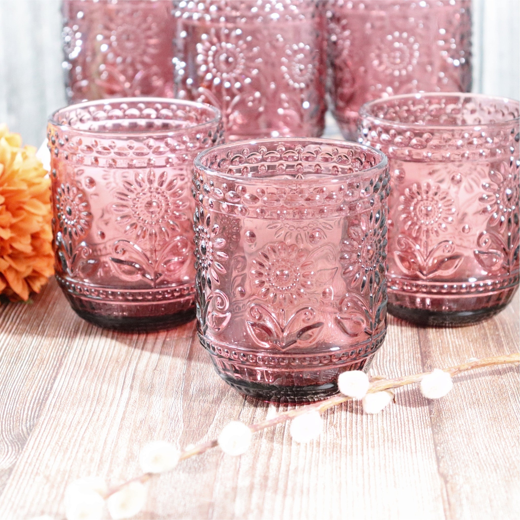 Purple Floral Embossed Glass Tumbler