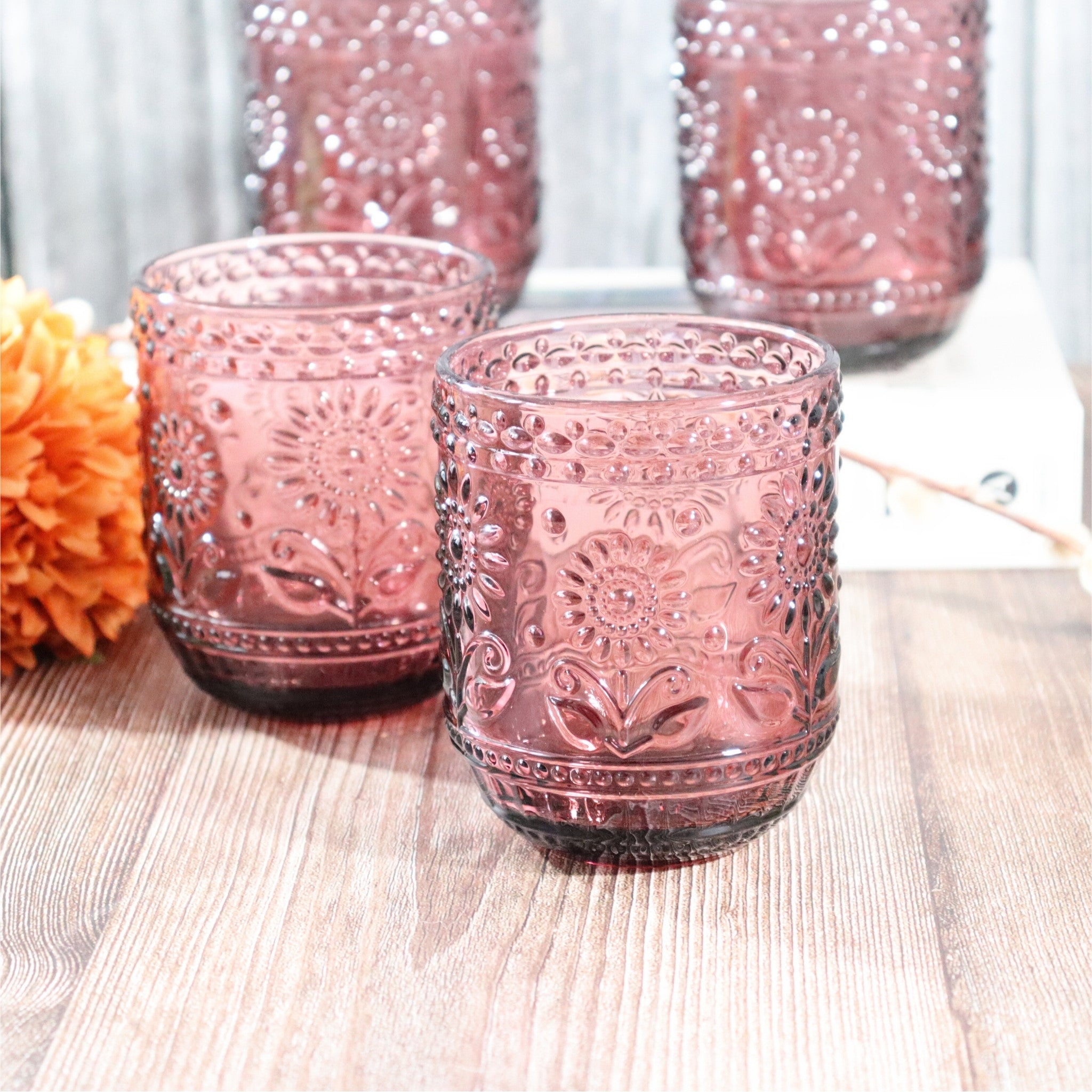 Purple Floral Embossed Glass Tumbler