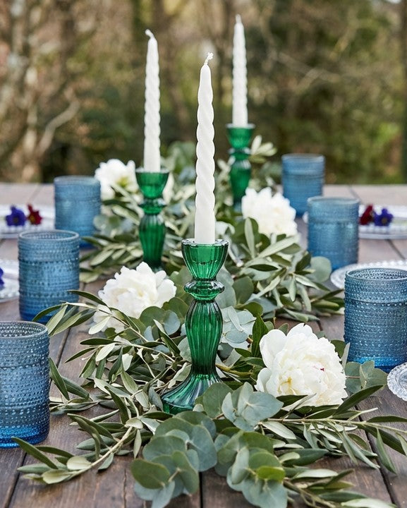blue textured glass tumblers outdoor wooden table