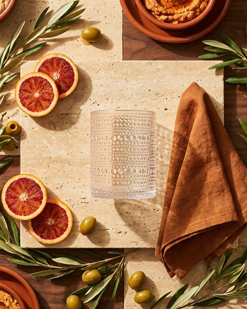 Set of beaded hobnail old fashioned rocks tumblers on a wooden surface with a light gray background