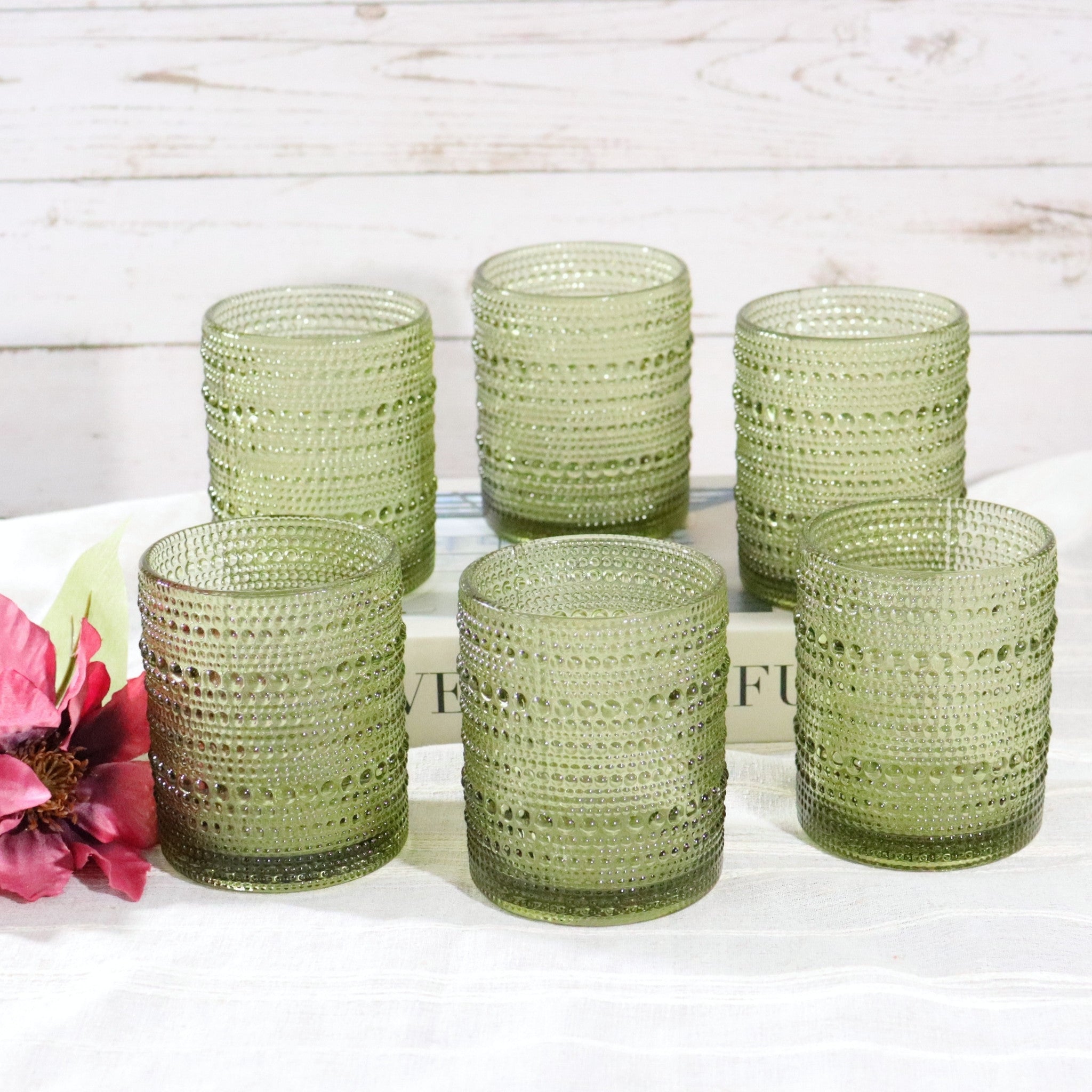 Green Hobnail Bead Old Fashioned Glass Tumbler