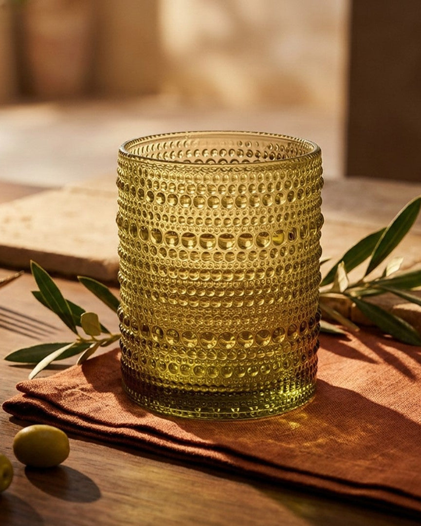 six green hobnail beaded textured glass tumblers