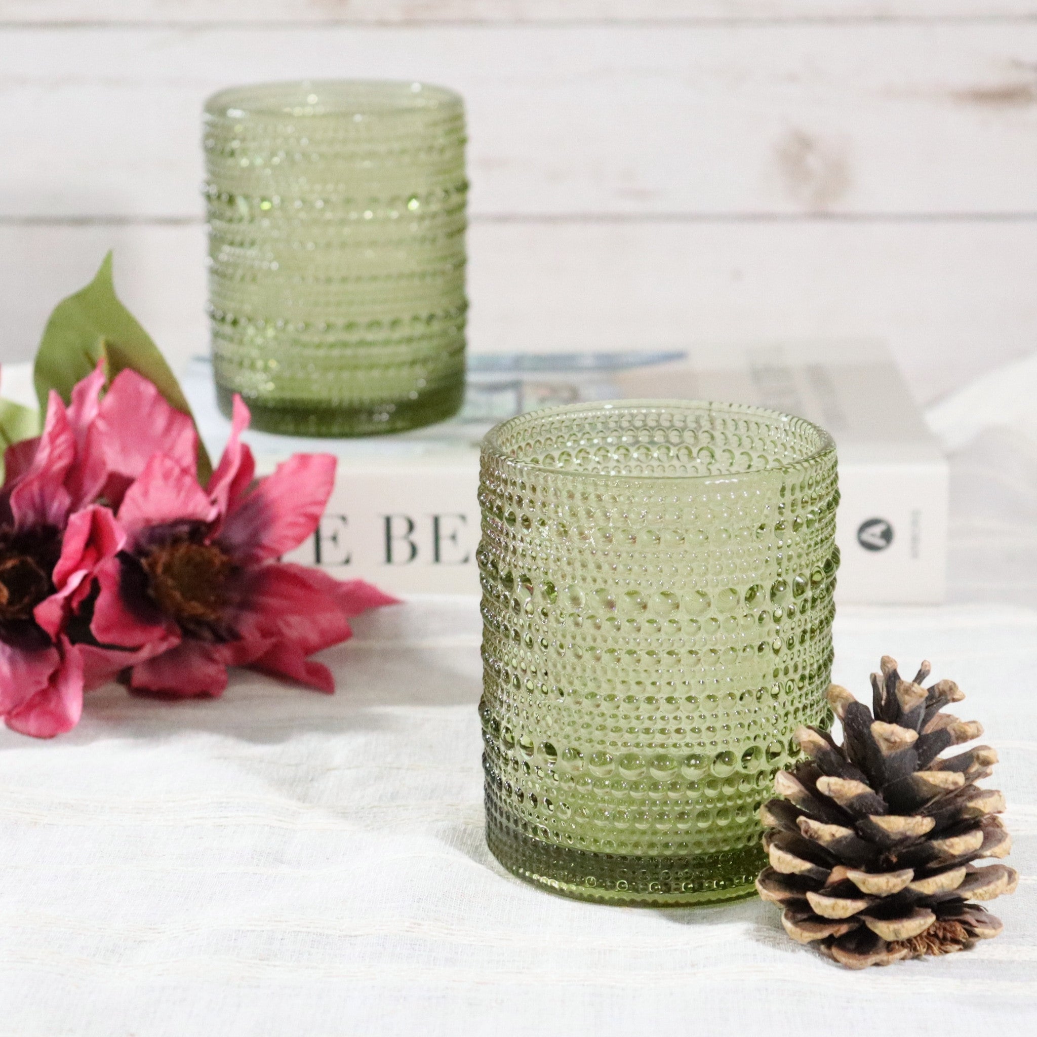 Green Hobnail Bead Old Fashioned Glass Tumbler