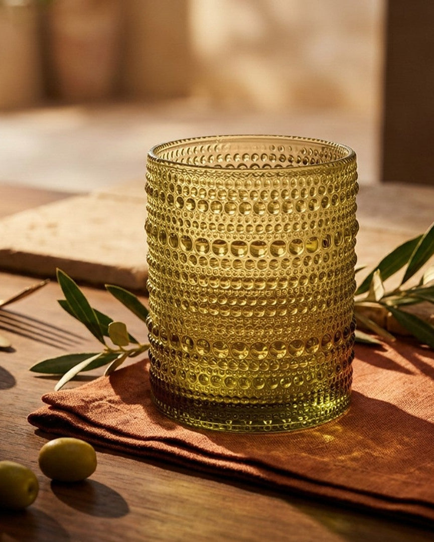 Set of hobnail design green glass tumblers in a row on a white table