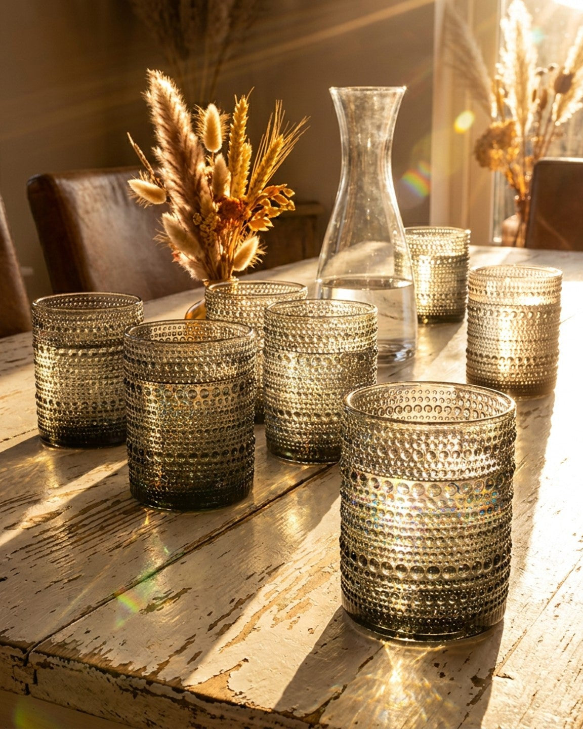 Set of textured glass candle holders on a wooden surface with a white curtain background.