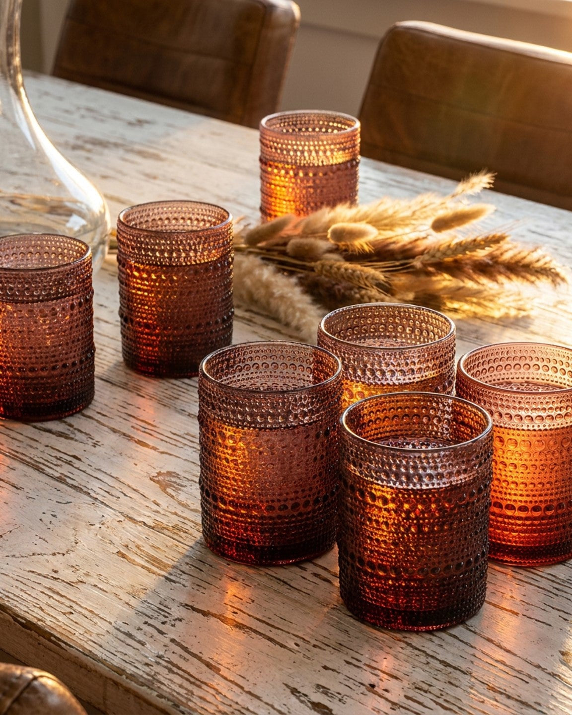 Set of purple glass tumblers on a wooden table with wheat and a decanter.