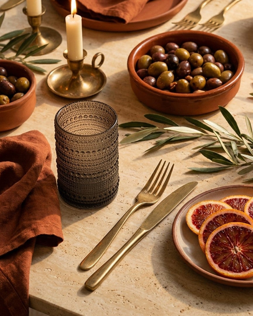Set of grey textured tumblers on a wooden surface with a pine cone and magazine.