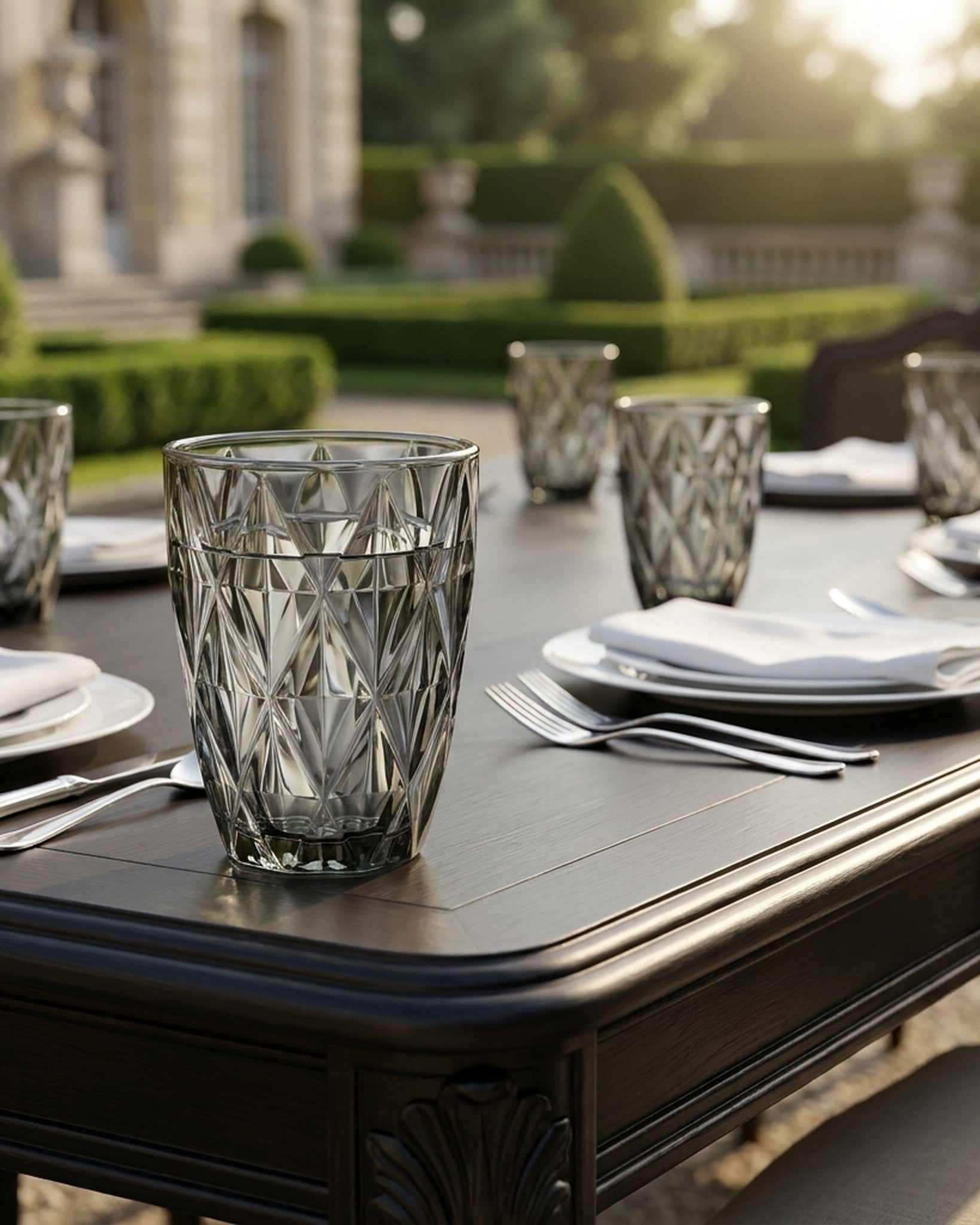 Set of diamond-cut glass tumblers on a white surface with greenery.