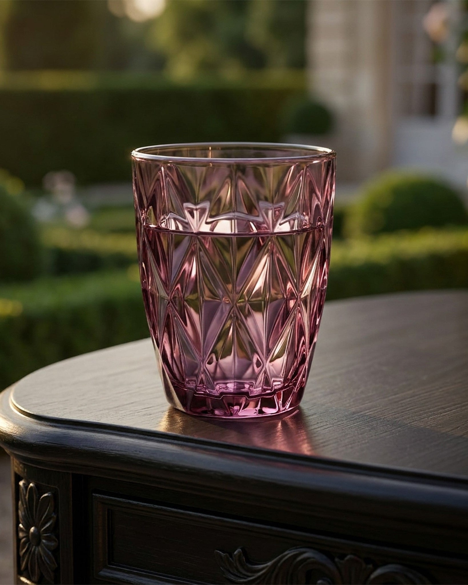 Pink glass on a dark wooden table with a blurred garden background