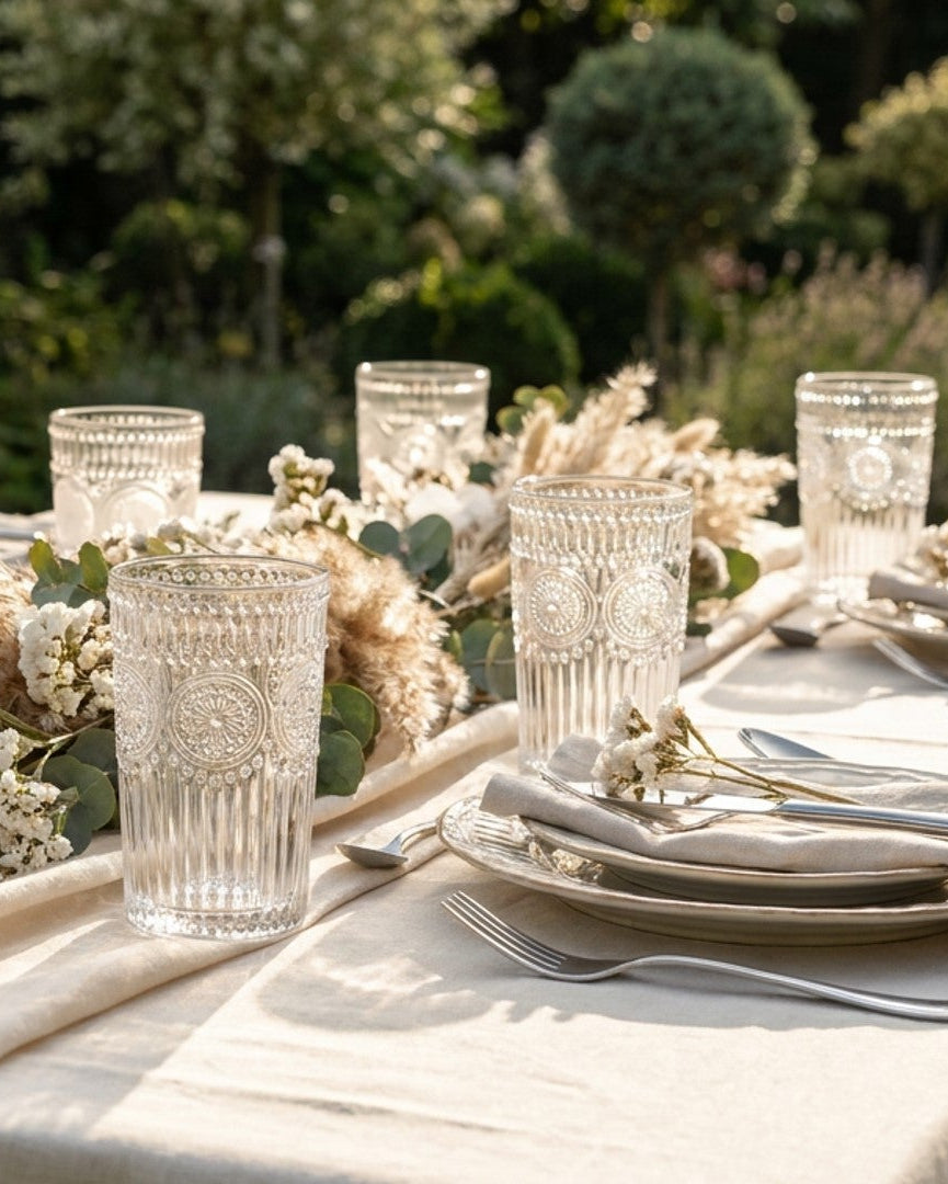Decorative clear glass vase on a wooden surface with a neutral background