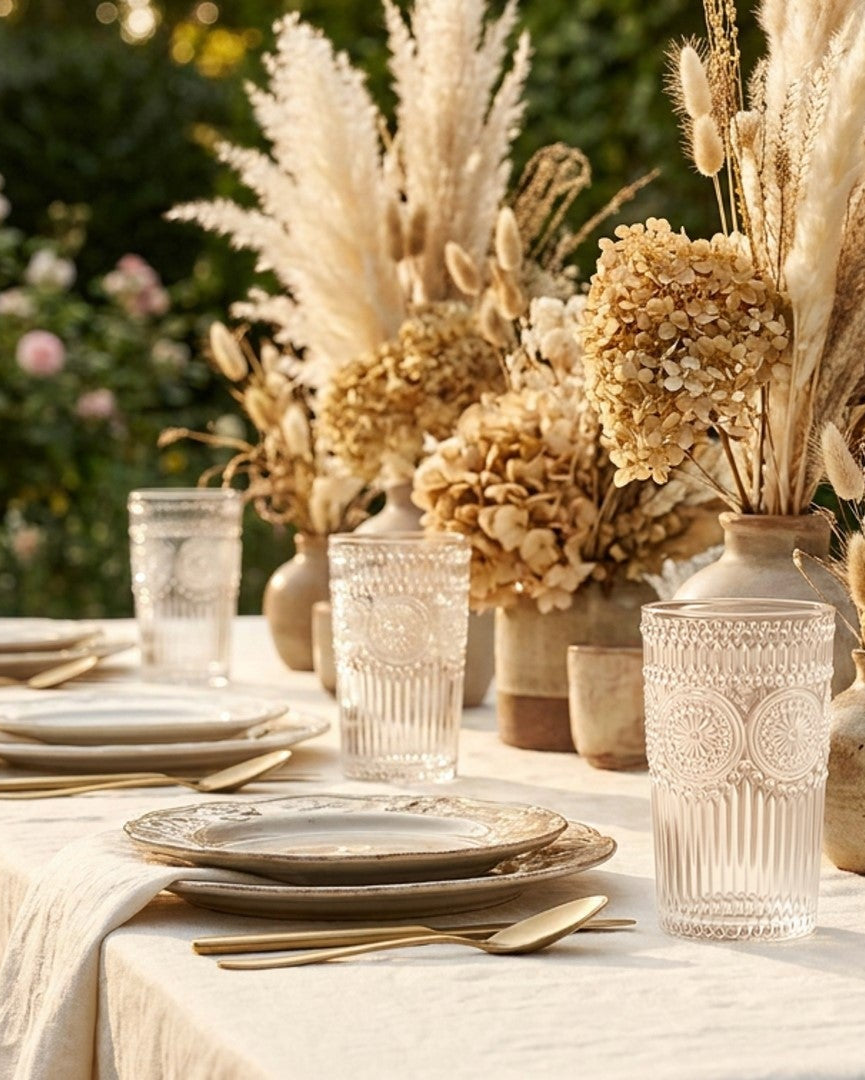 Set of four clear glass tumblers with embossed designs on a wooden surface with a green outdoor background.