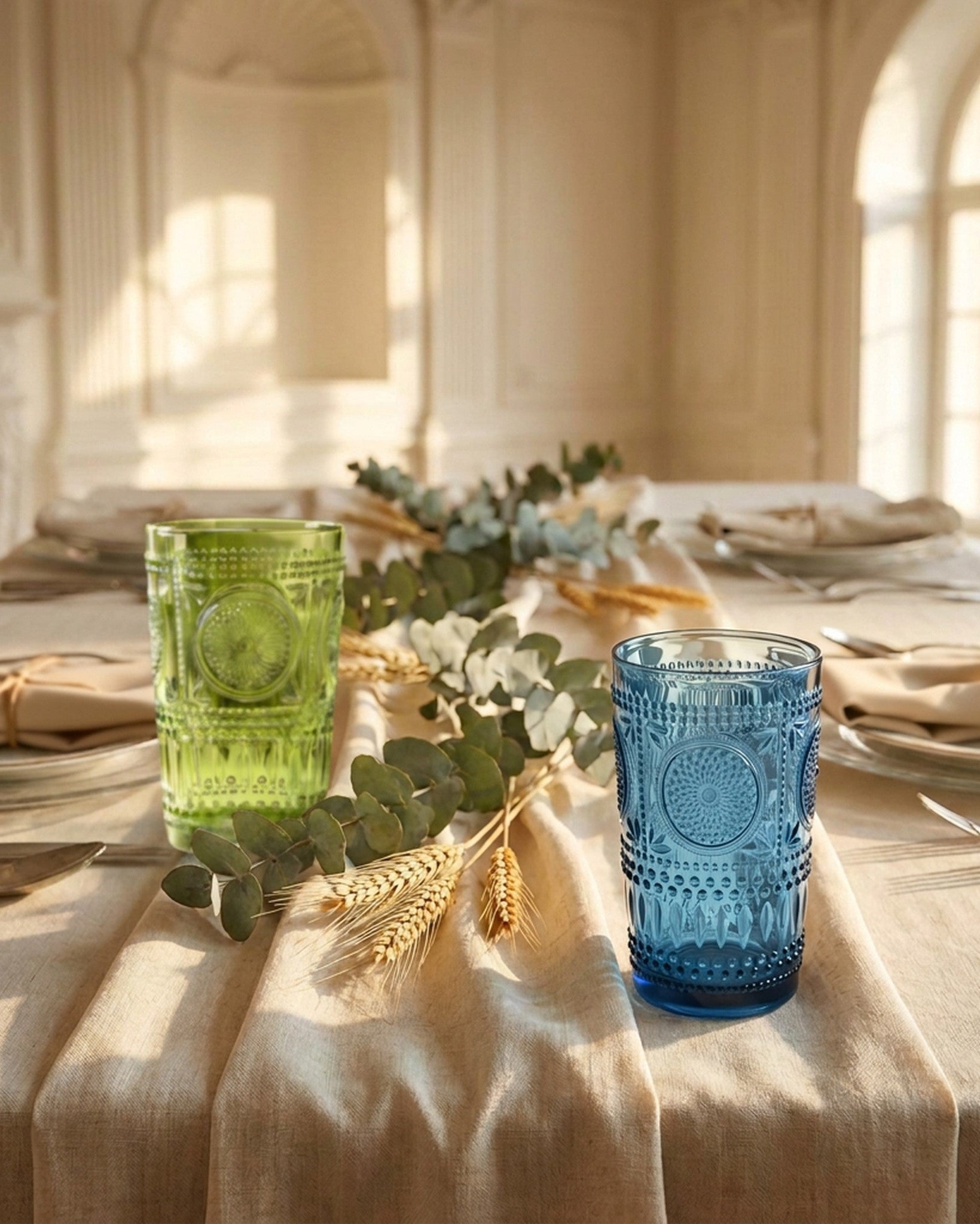 Two embossed glass drinking cups, one translucent green and one translucent blue, displayed on a linen table runner in a beautifully lit dining room setting.