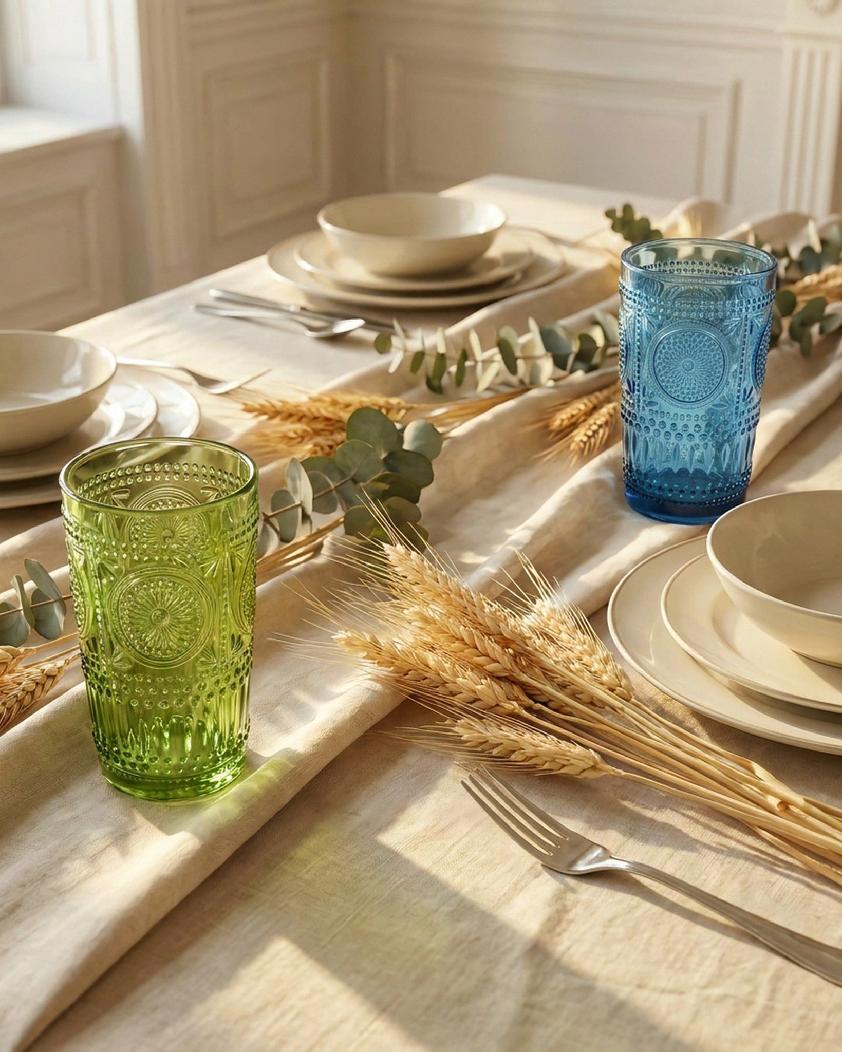 Two embossed glass tumblers, one green and one blue, displayed on a styled beige table runner with plates, wheat, and eucalyptus in a bright dining room setting.