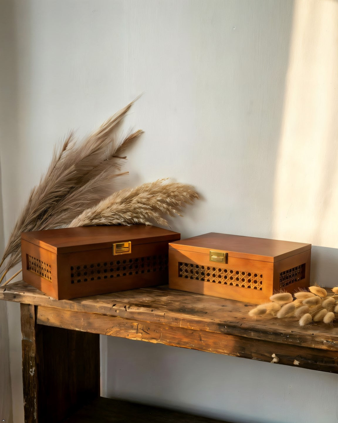 Wooden storage box with lattice design on a wooden surface
