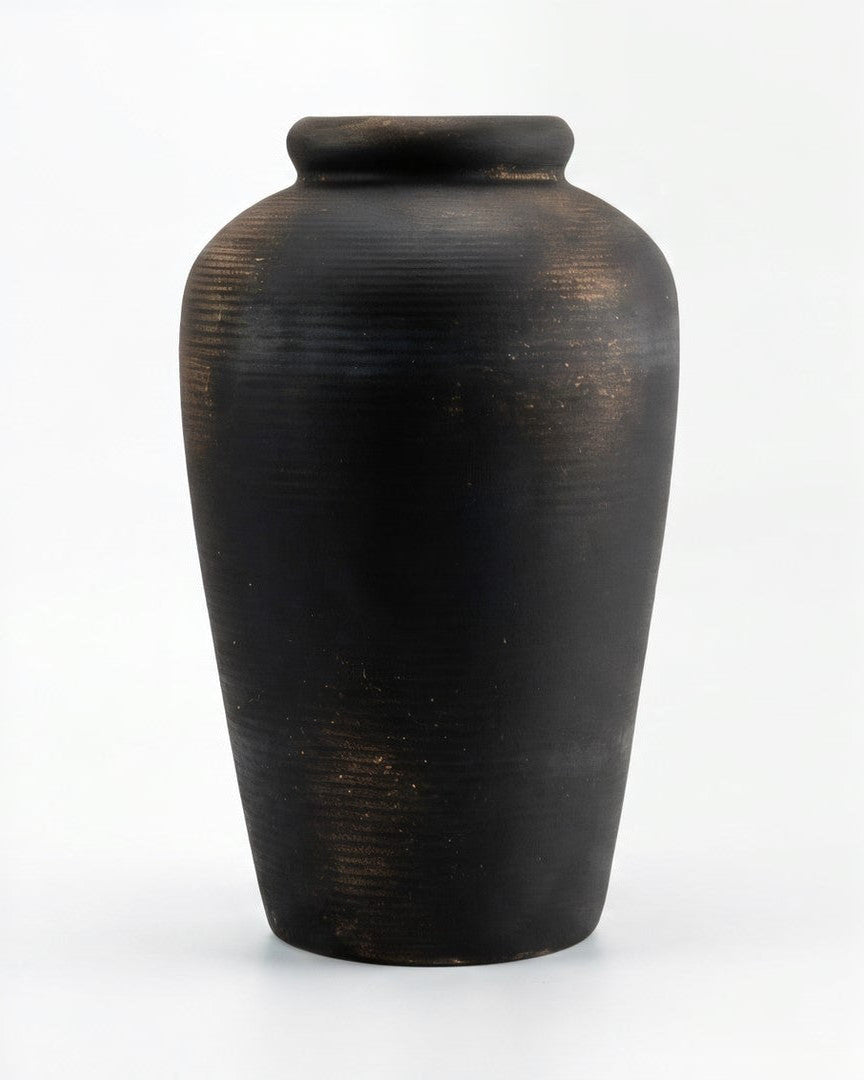 Black ceramic vase on a white background