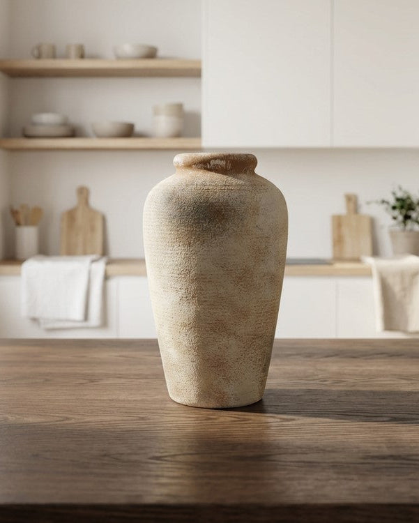 Decorative vase on a wooden table in a kitchen setting