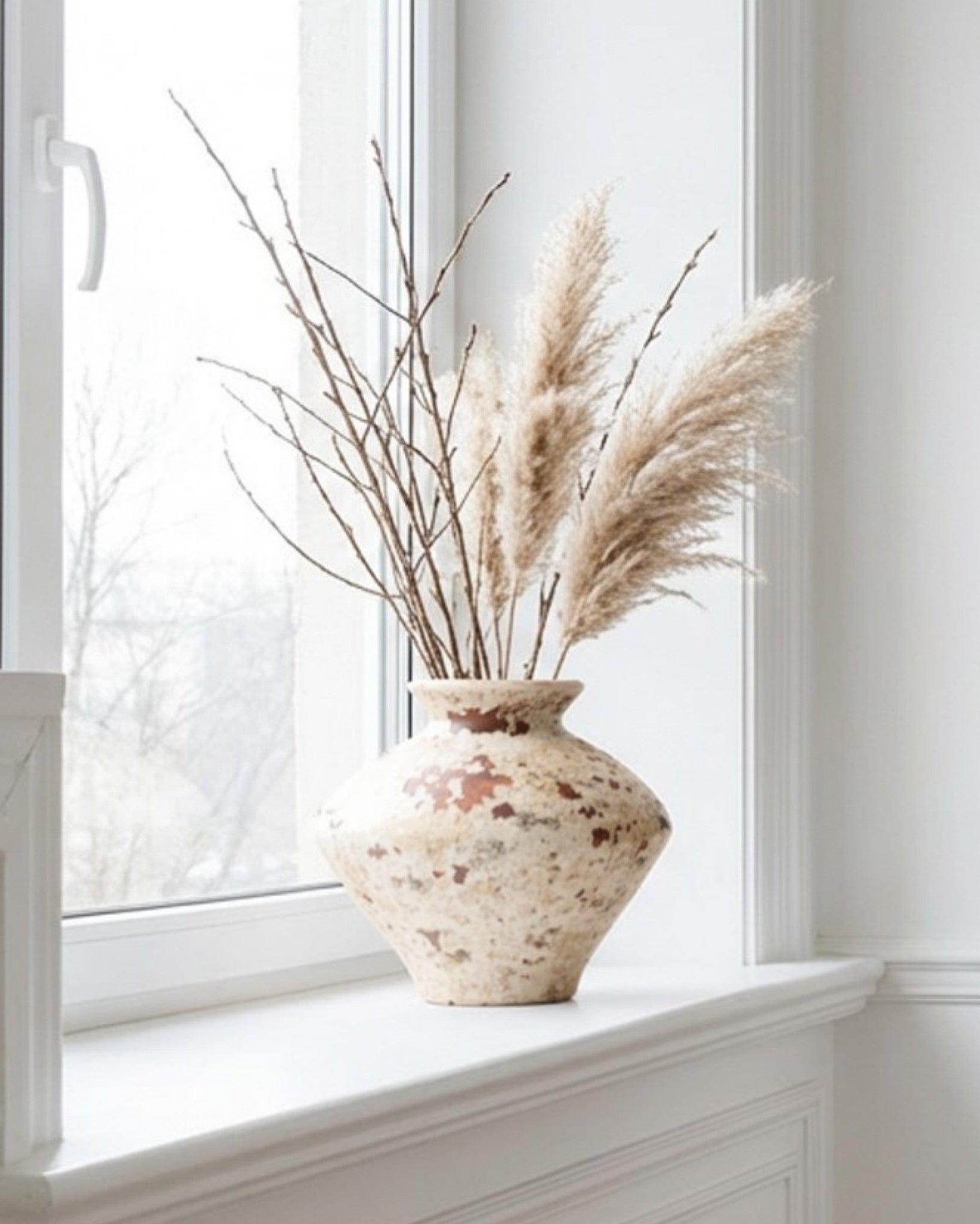 Decorative vase with pampas grass on a windowsill in a bright room