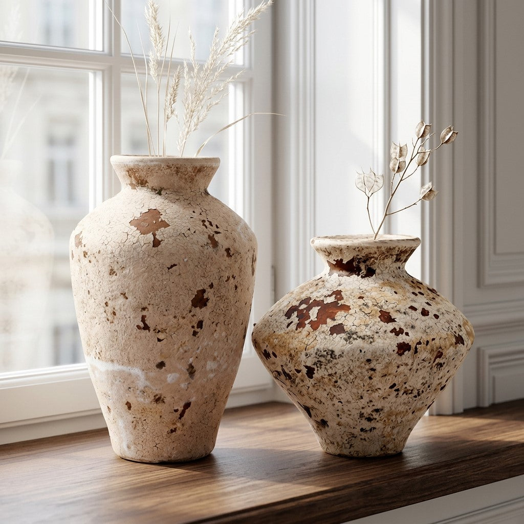 Set of two rustic stone-effect ceramic vases with speckled finishes, one tall and tapered and one short and rounded.