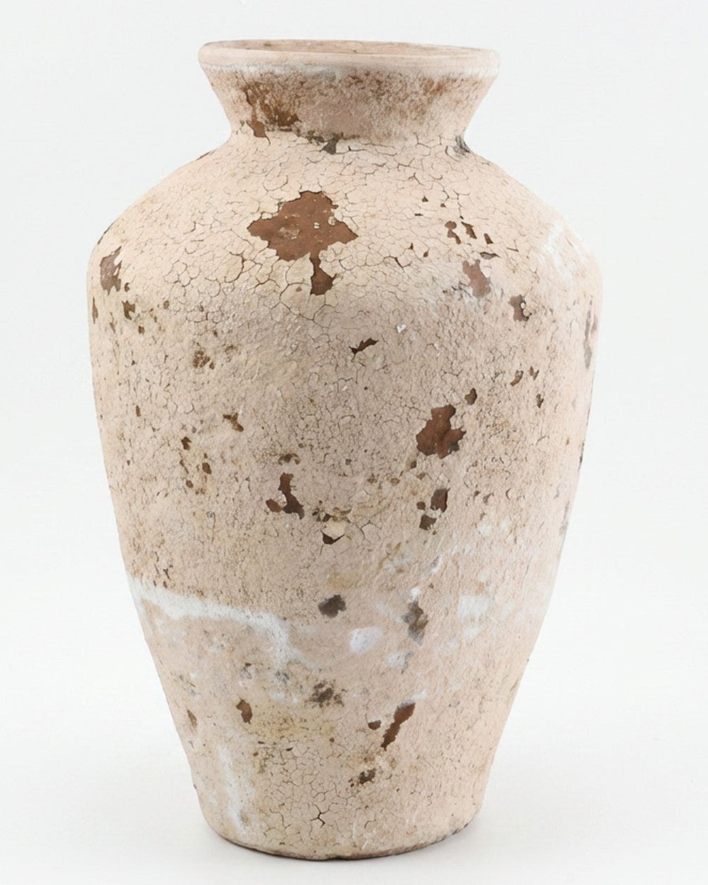 Terracotta vase with brown speckles on a white background