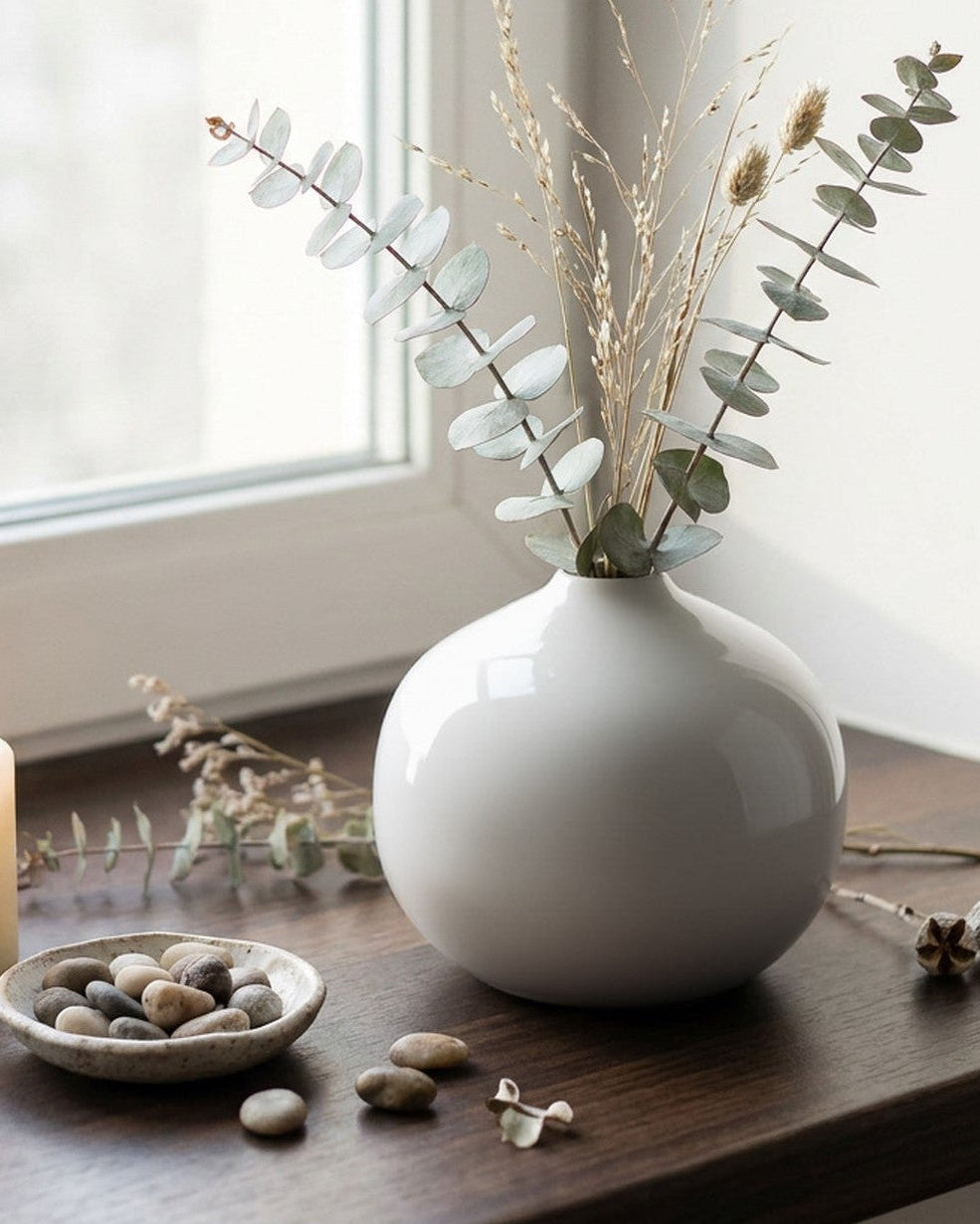 White vase with dried plants on a wooden surface near a window
