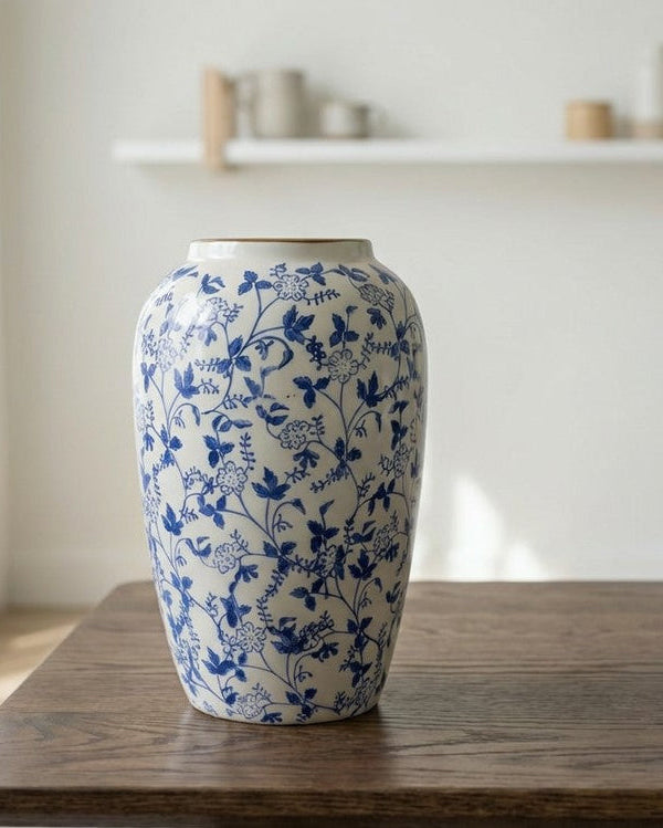 blue and white floral design ceramic vase on dark wooden table