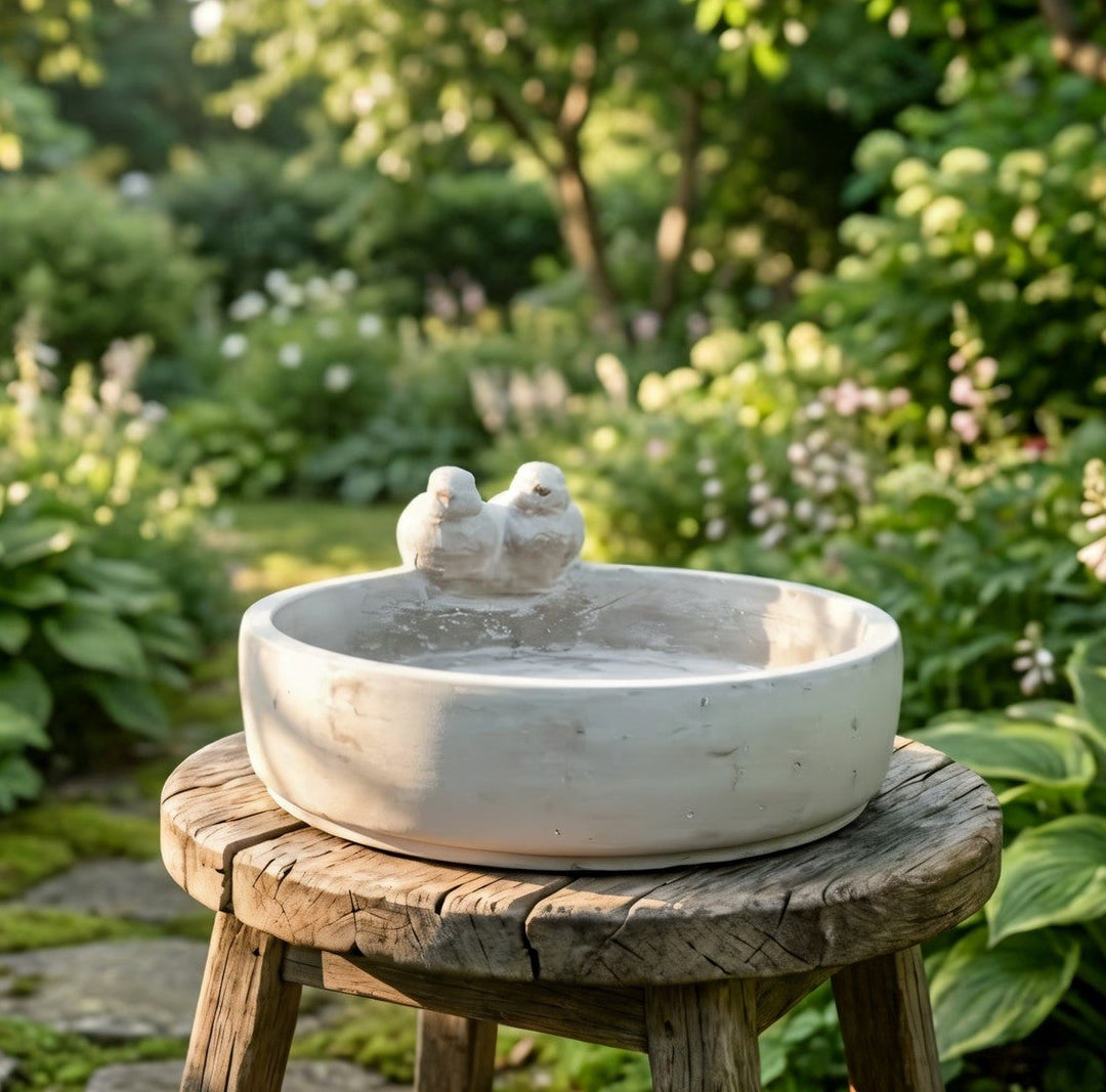 White birdbath with birds on a wooden stool in a garden setting