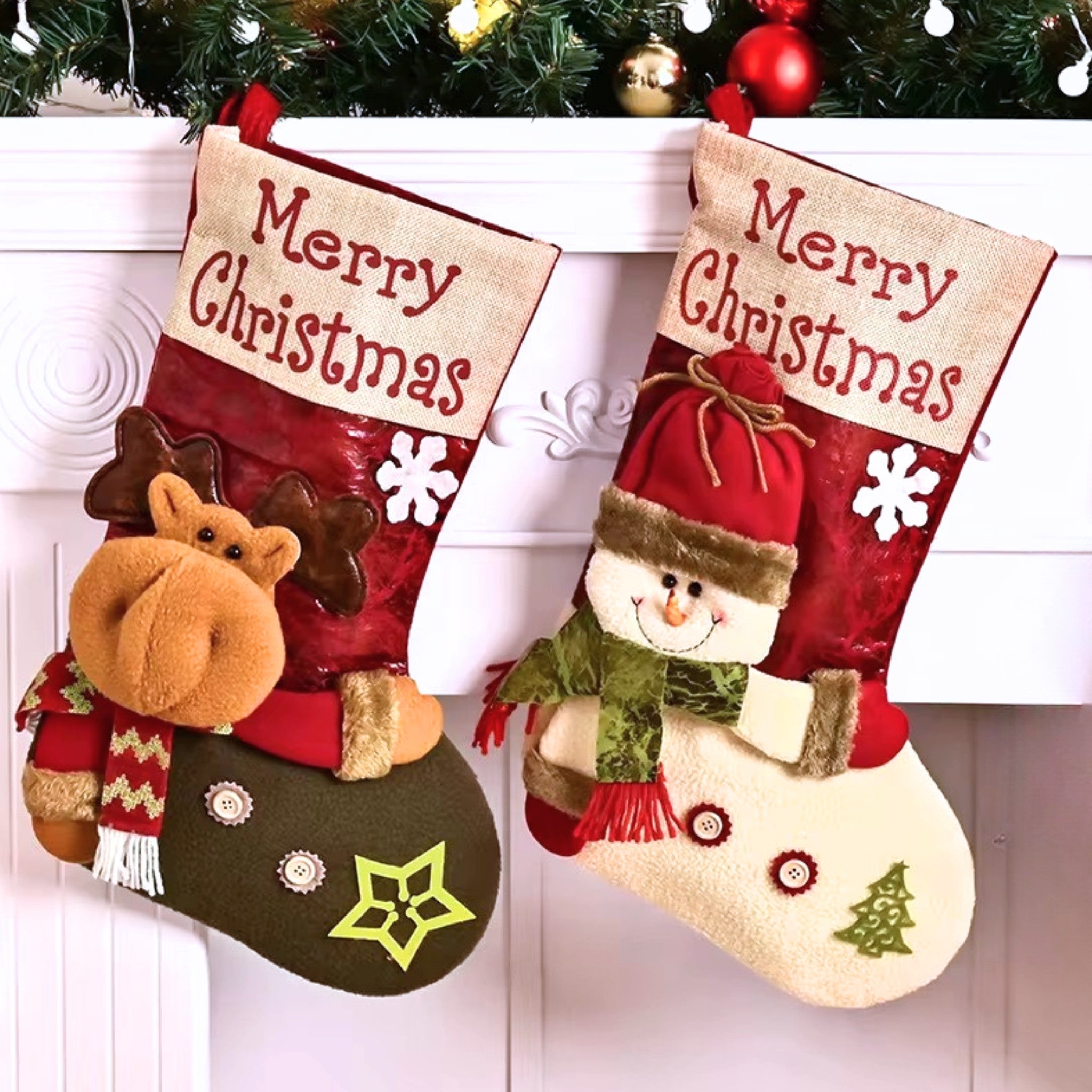 Two Christmas stockings with reindeer and snowman designs on a white background.