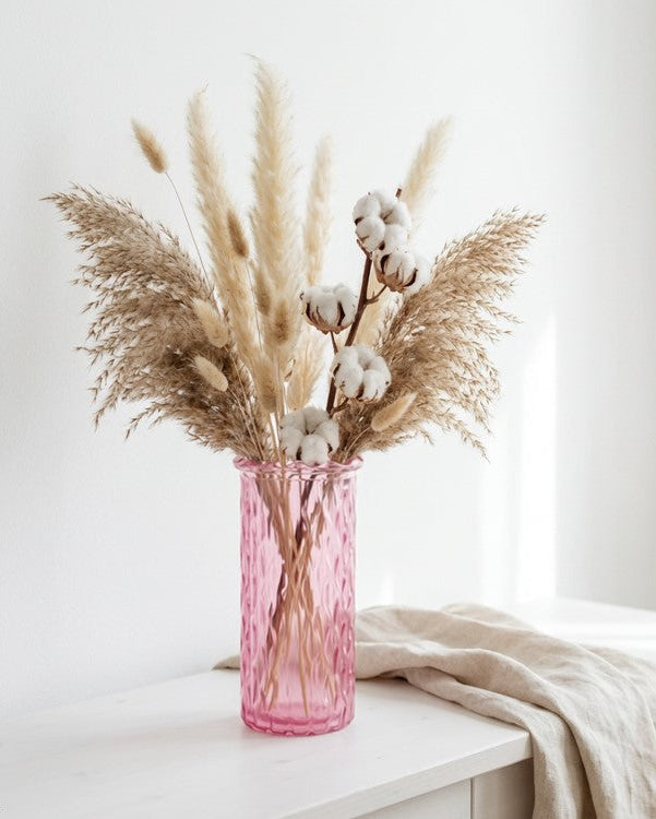 set of 3 glass vases in clear, grey, pink