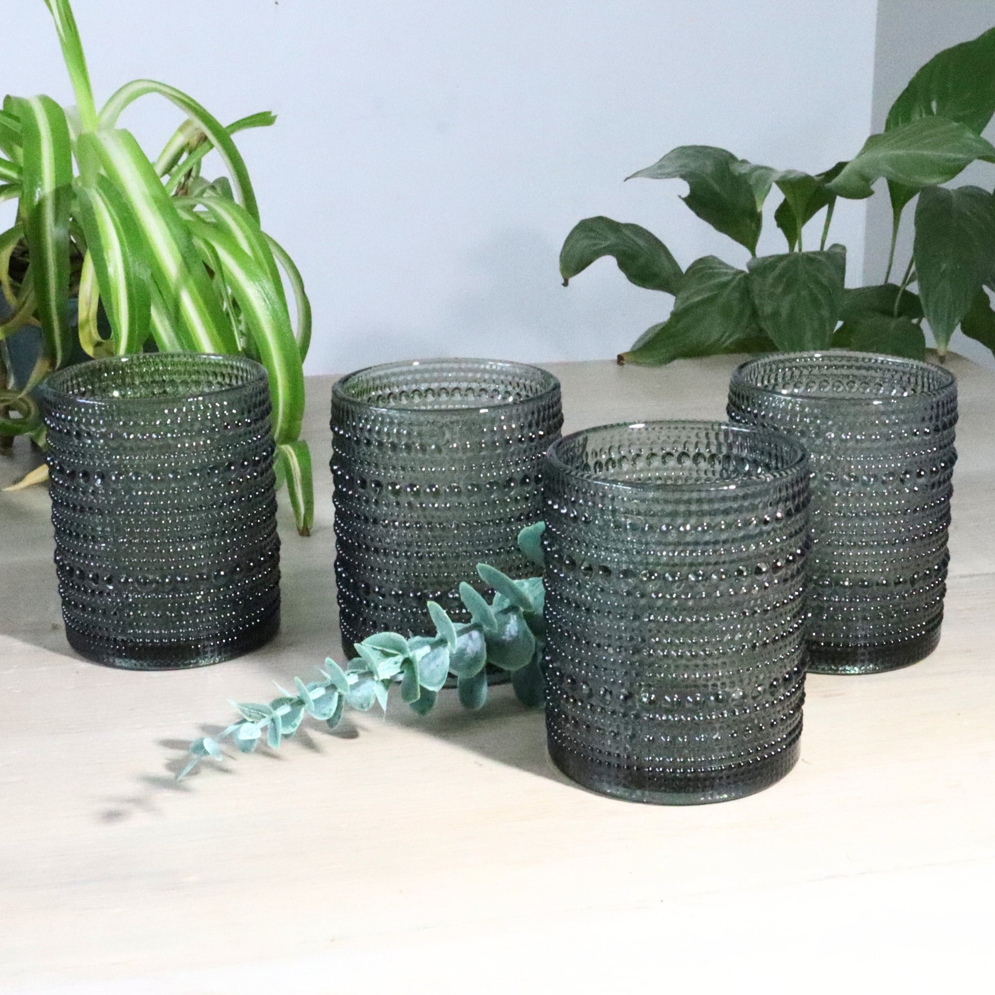 Set of four hobnail dark glass short ball tumblers on a light surface with plants in the background