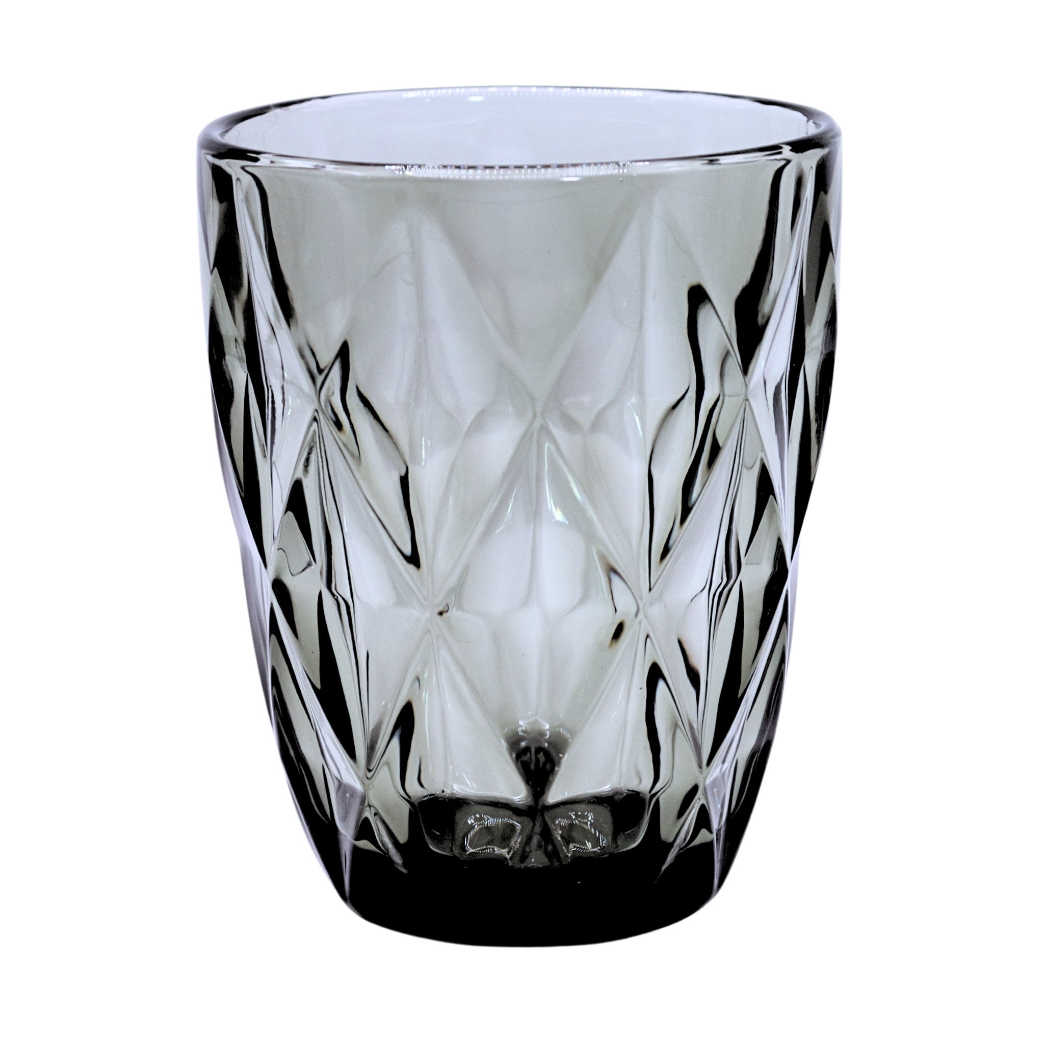 Smoky glass tumbler with diamond cut pattern on a white background
